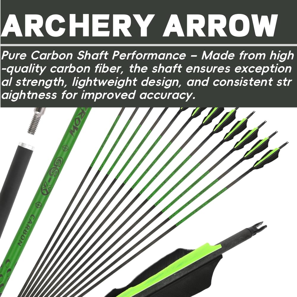 Lot de 6/12 flèches en Carbone Pur 80 cm, raideur 300 à 800 avec Plumes Naturelles, pour Arc Classique et Arc à poulies, Chasse et entraînement sur Cible