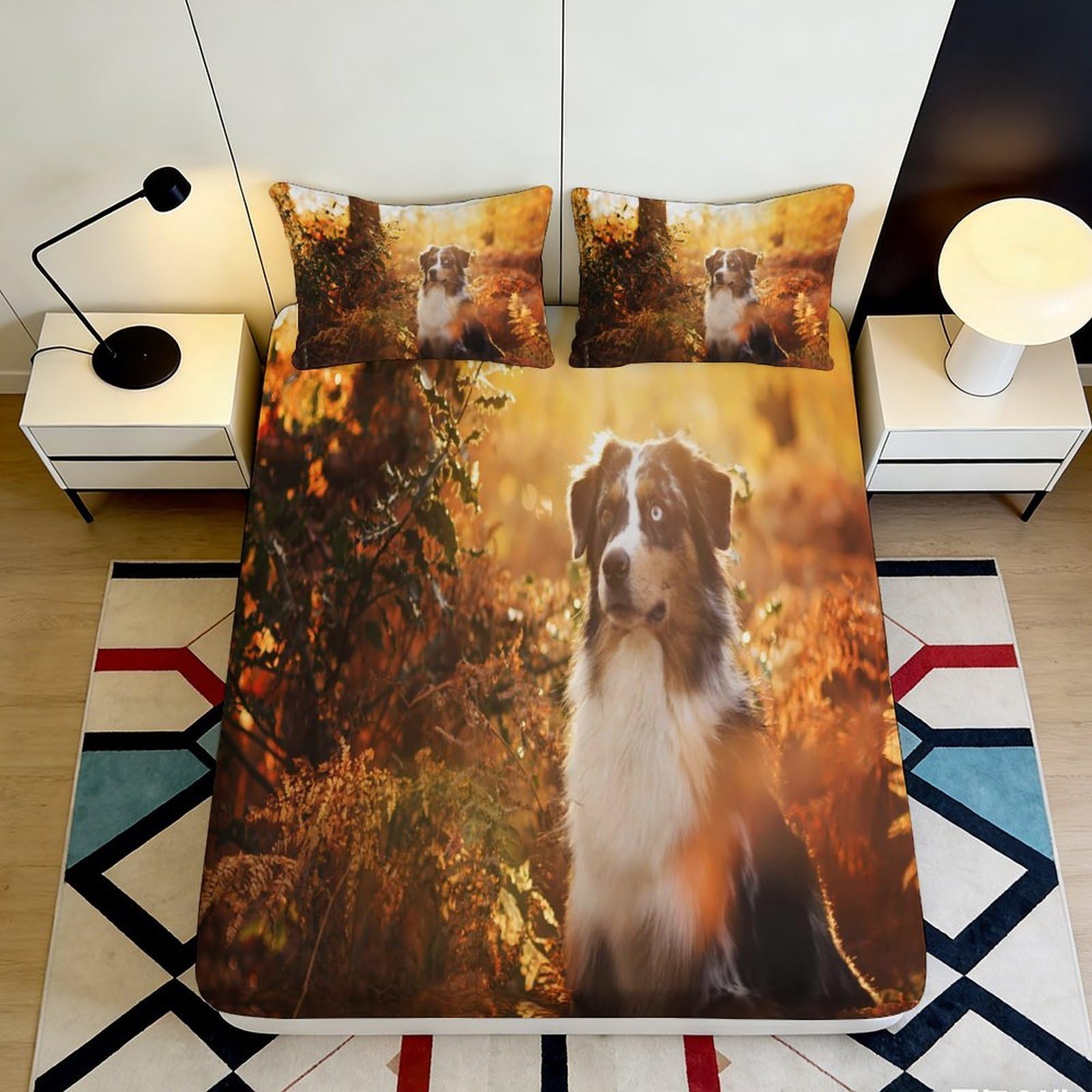 3D Printed Autumn Dog Fitted Sheet Microfiber Slip-Resistant Forest Pet Bed Cover for Bedroom Guest Room Easy Care Decor 90x200x25cm