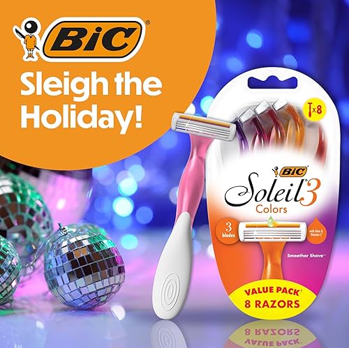 Miniatura 2 de BIC Soleil - Maquinillas de afeitar desechables de 3 hojas para mujer, 3 colores, tira lubricante de aloe vera y vitamina E, rellenos de calcetines