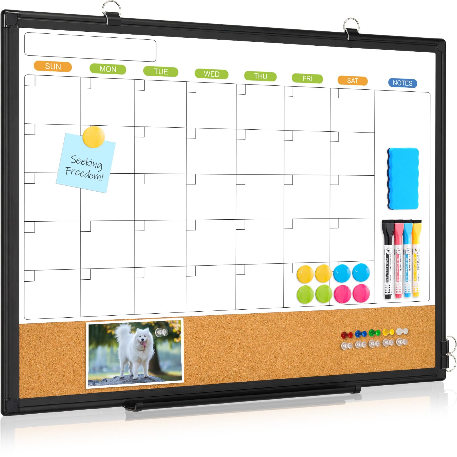 Dry Erase Calendar Whiteboard for Wall, WALGLASS 24" x 18" Double-Sided Monthly Calendar White Board Cork Combo, Black Aluminum Frame Hanging Wall