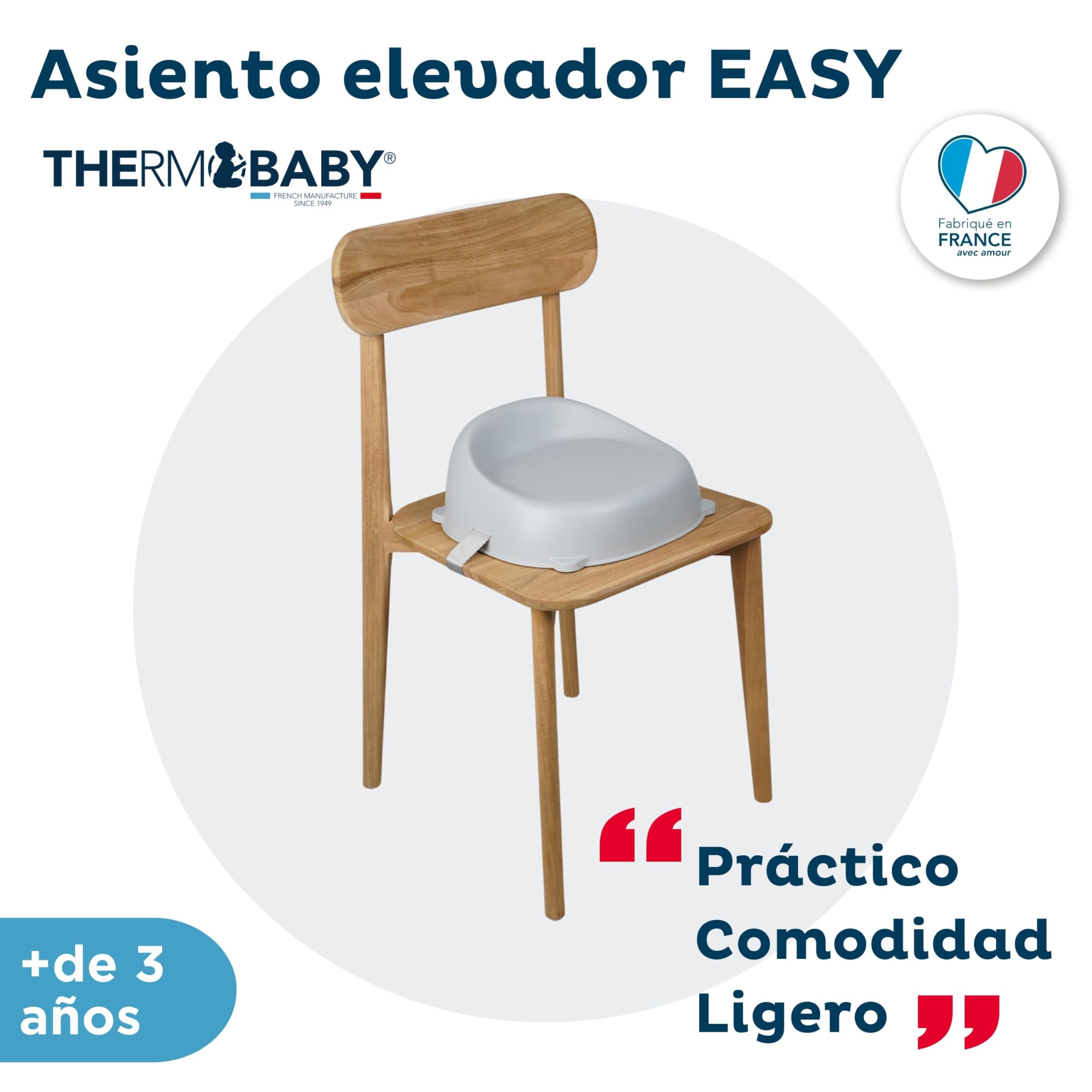 Thermobaby - Elevador de silla EASY - Elevador - Para niños de 3 a 6 años (o hasta 30 Kg) - Cómodo - Ligero y transportable - Fácil de instalar - Gris Charme - Fabricado en Francia