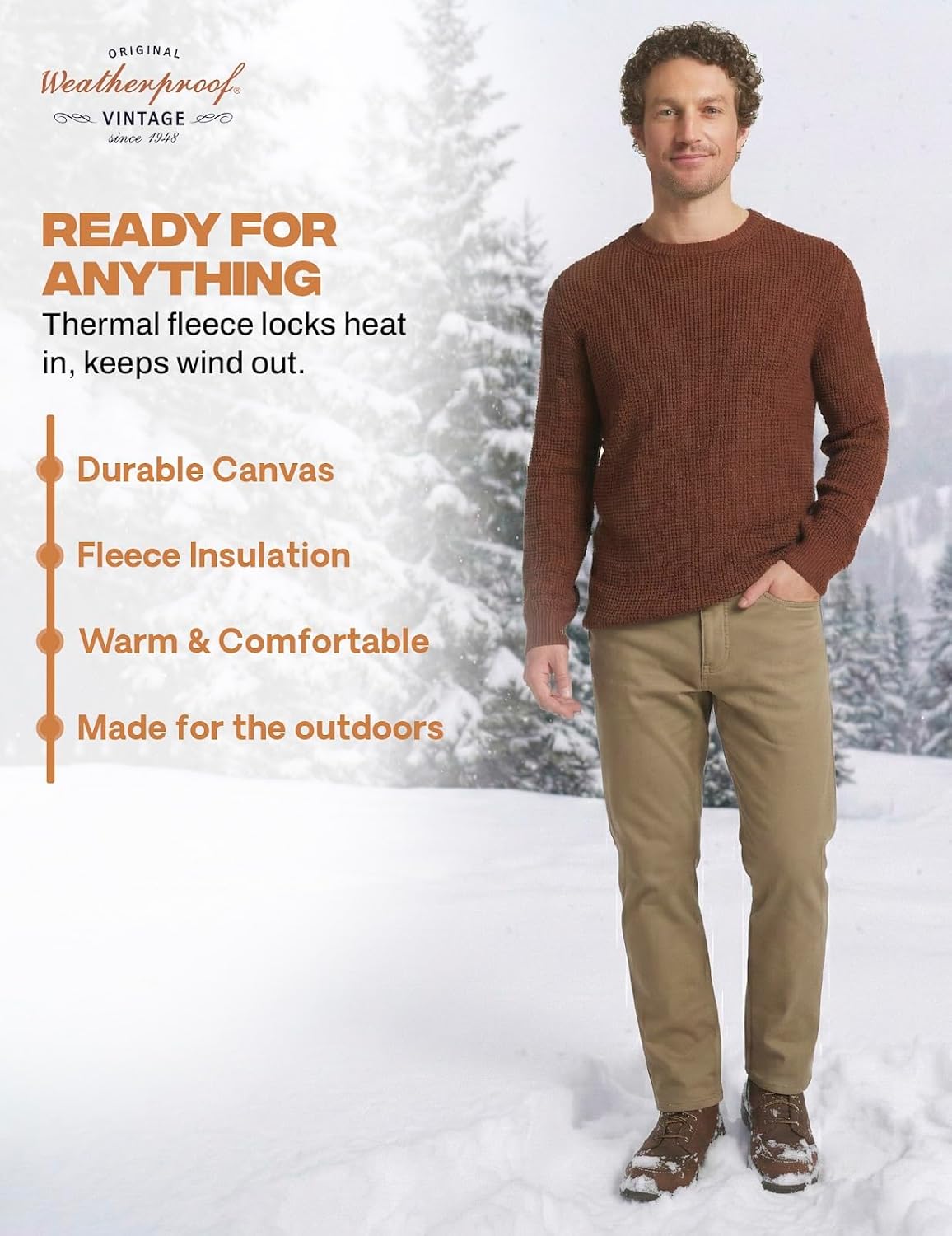 Weatherproof Vintage Fleece Lined Pants Men's - Regular Fit | Soft & Warm, Cold Weather Insulated Canvas Winter Pants for Men - Image 6