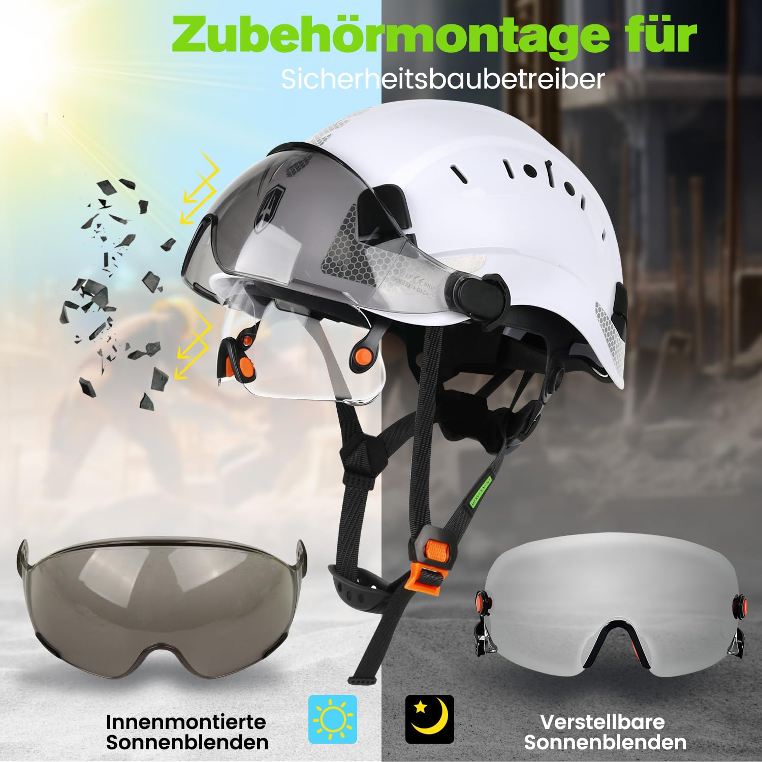 GREEN DEVIL Mervex Vent Set - EN397 & EN166 zertifizierter Industrieschutzhelm mit Doppelvisier (außen getönt/innen klar) + Shield LD Aktives Bluetooth Gehörschutz SNR 32dB