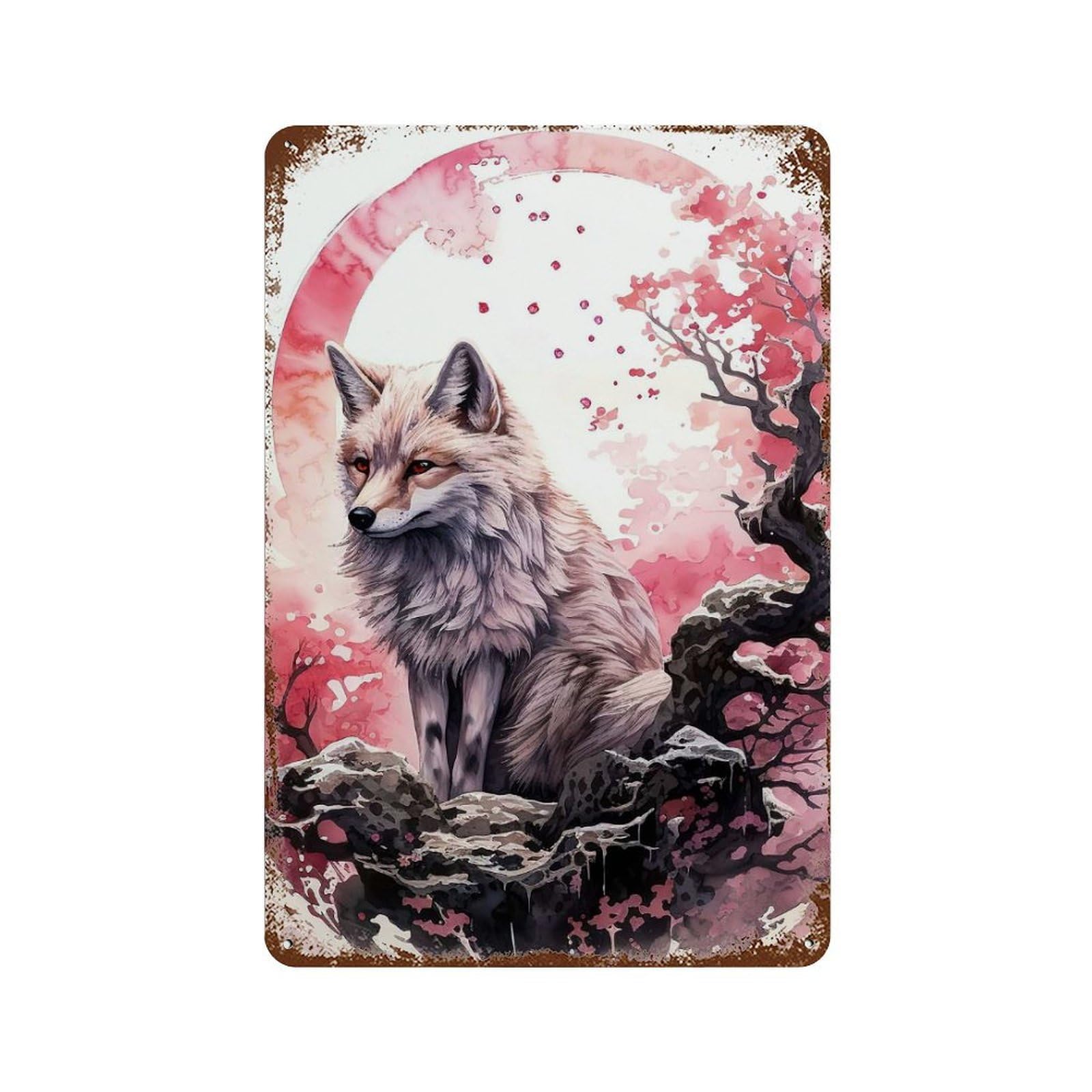 Cherry Blossom Wolf Animal Retro Metal Sign 11.8"x7.9", Old School Wall Decor for Garage, Bar And Workshop Decor