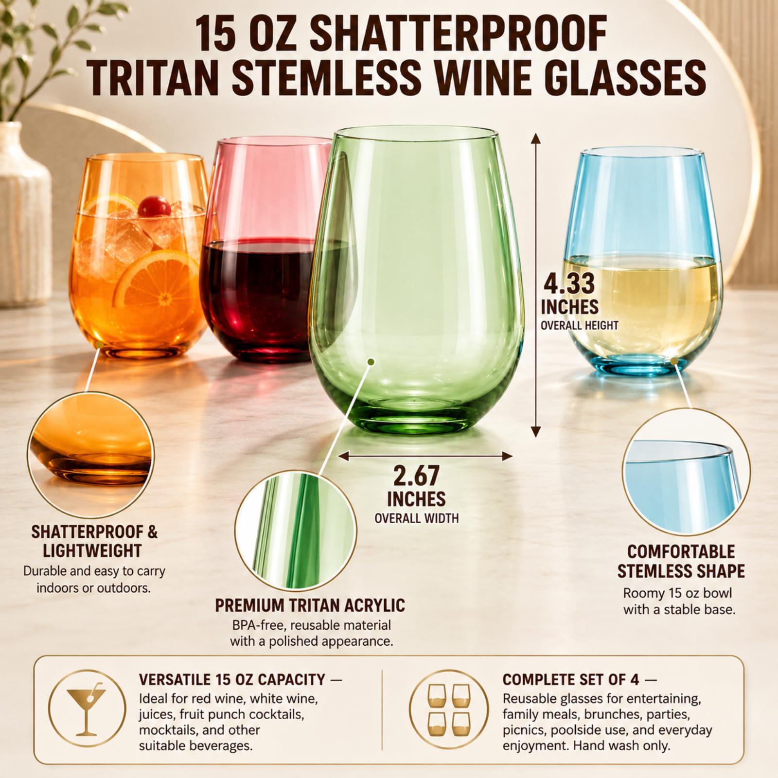 Tritan Weingläser aus BPA-freiem Kunststoff, bruchsicher, ohne Stiel, Acrylglas, unzerbrechlich, farbig, wiederverwendbar, spülmaschinenfest, Allzweck-Glaswaren, 425 ml, Trinkgläser, für drinnen und