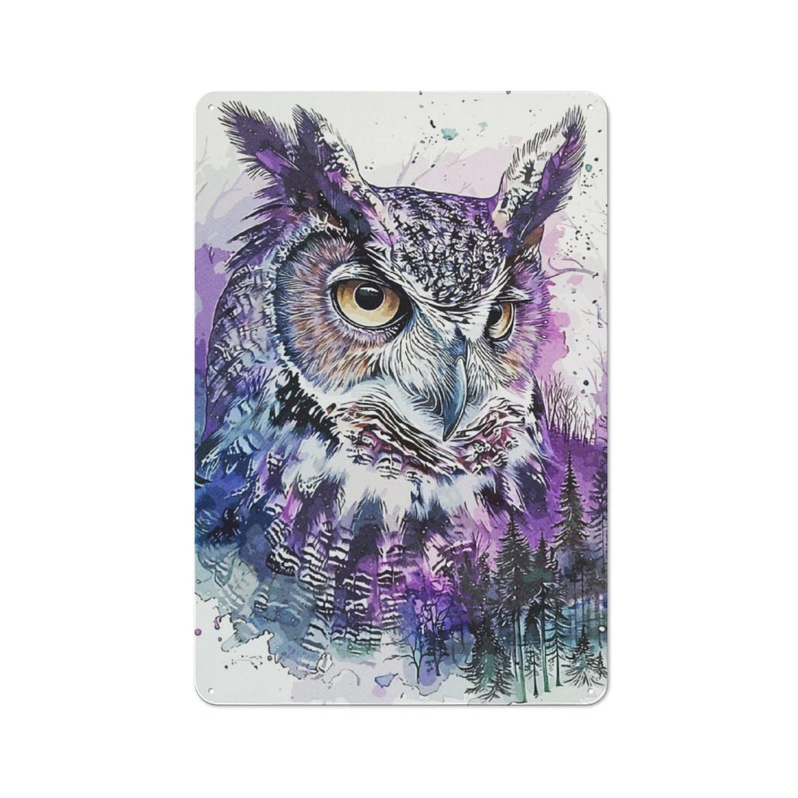 Junmoney Purple Color Owl Smart Tin Sign 30X20cm Featuring Office Wall Decor For Workspace, Cafe, Shop Or Desk Area