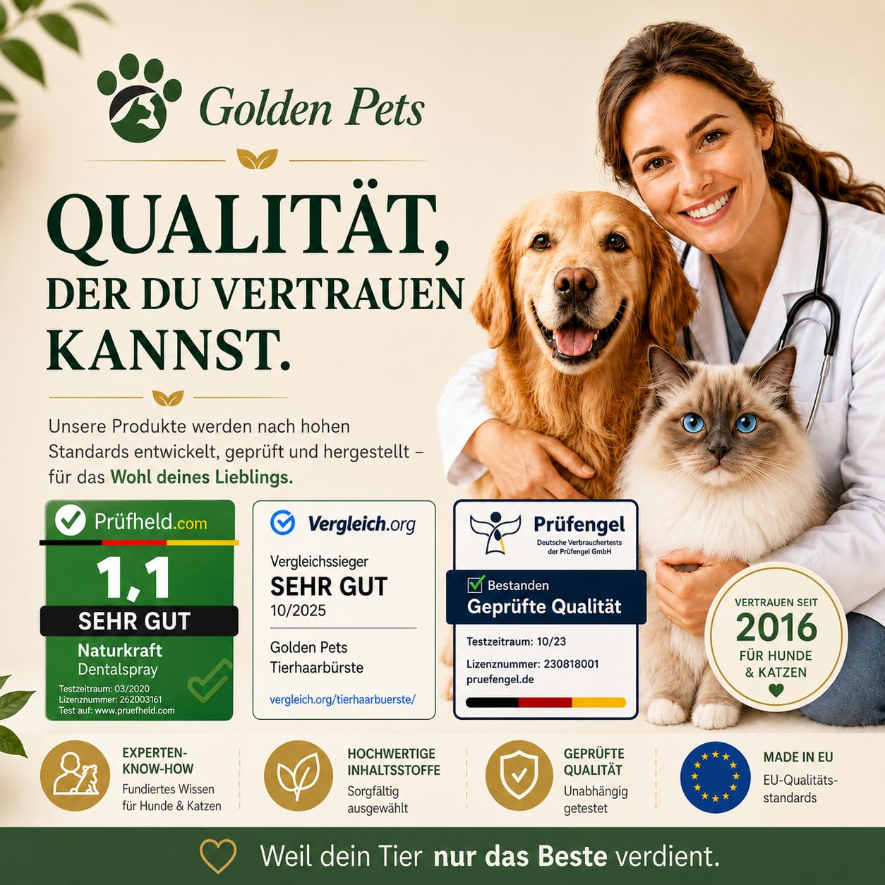 Golden Pets TESTURTEIL SEHR GUT Ohrenreiniger für Hunde & Katzen **VERGLEICHSSIEGER** 100% natürliche Ohrenspülung gegen Juckreiz, Entzündung & Ohrenschmalz I Ohrenpflege, 250ml
