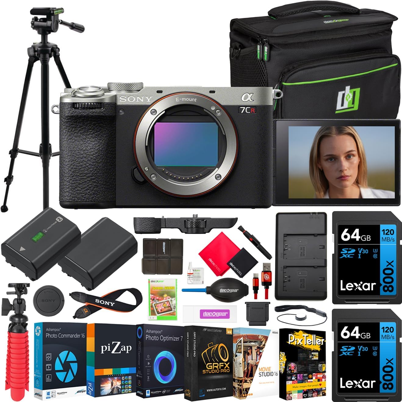 Sony a7CR Full Frame Mirrorless Interchangeable Lens Hybrid Camera | Official Sony USA Partner Model | Body Silver ILCE-7CR/S Bundle with Deco Gear Bag Case + Battery + Charger + Tripod + Software Kit