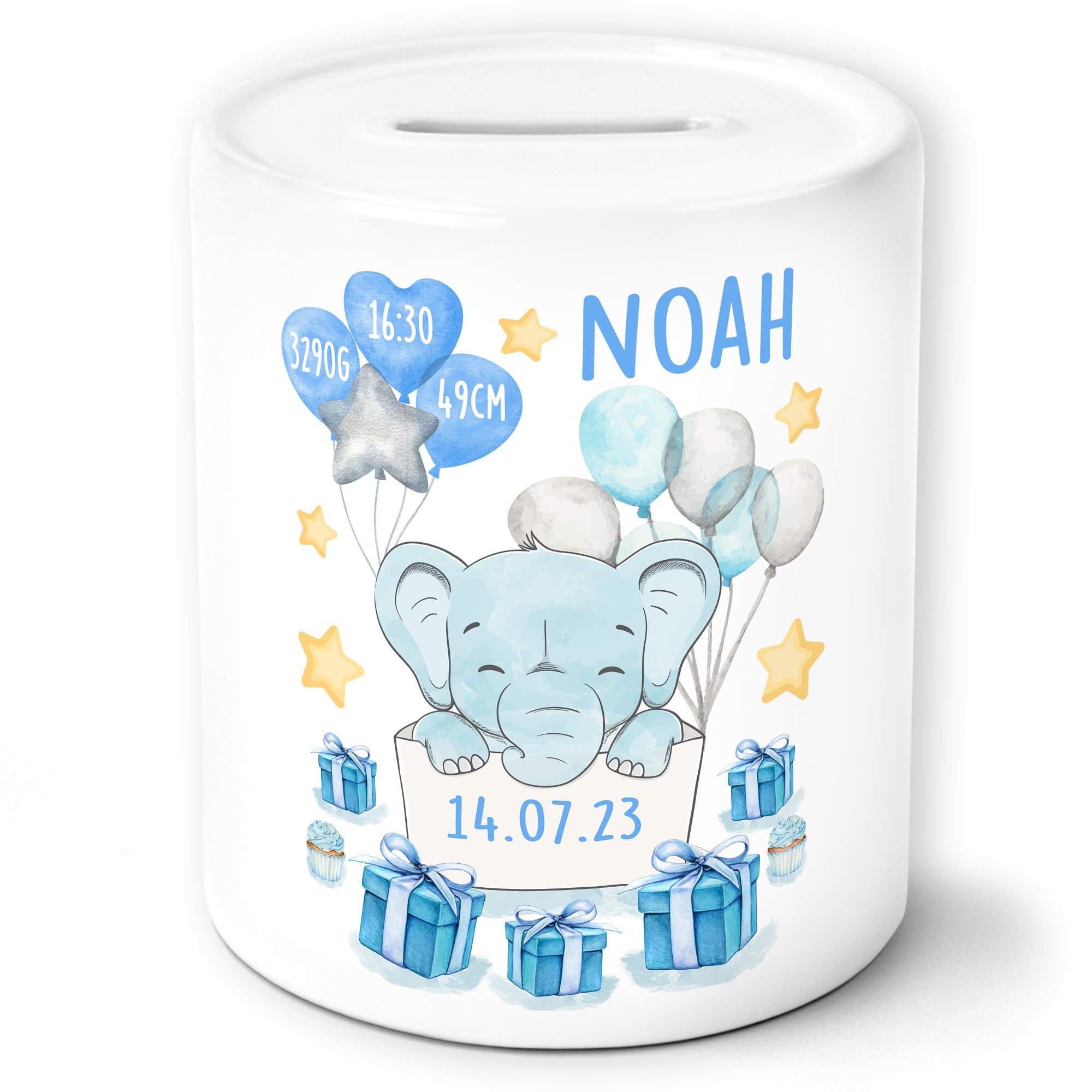 Spardose Geburt Junge personalisiert Geschenk mit Namen und eigenen Daten persönliches Geschenk Geschenkidee Baby Geburt Kind Taufe Sparschwein Sparbüchse (Weiß/Blau) Küche, Haushalt & Wohnen