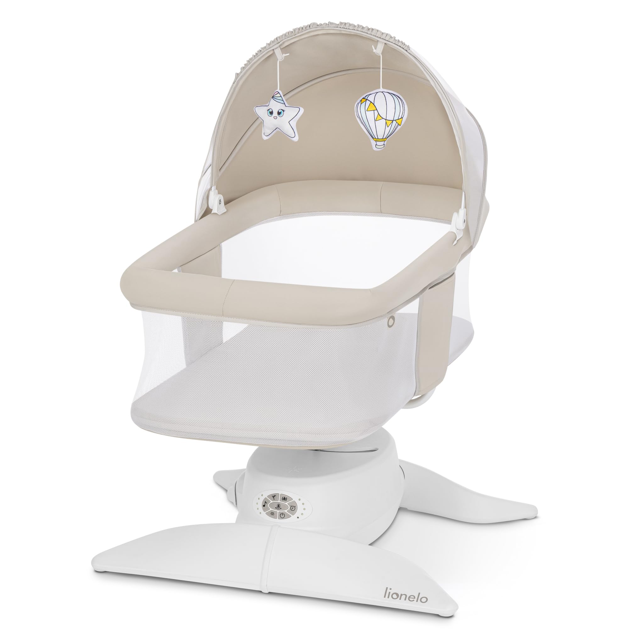 lionelo Vivi Set Balancelle Électrique 2 en 1 avec Nacelle, Jusqu’à 9 kg | Pivotement 360°, 5 Vitesses, Détecteur de Mouvement, Bluetooth, Télécommande, Timer, 12 Mélodies, Moustiquaire et Harnais
