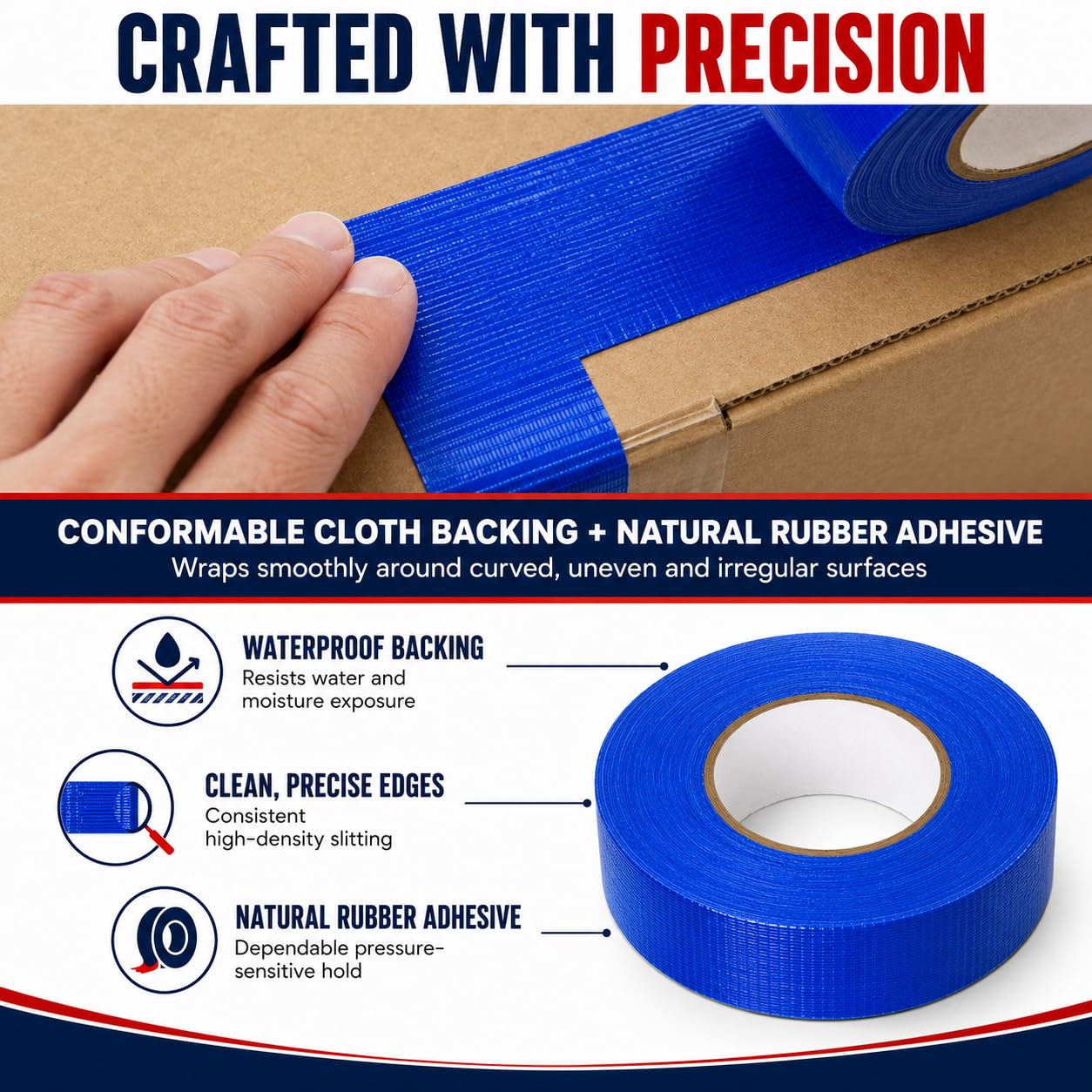Cinta adhesiva T.R.U. CDT-36 de grado industrial. Resistente al agua y a los rayos UV. Varios colores disponibles. 60 yardas. (azul oscuro, 7,6 cm.)