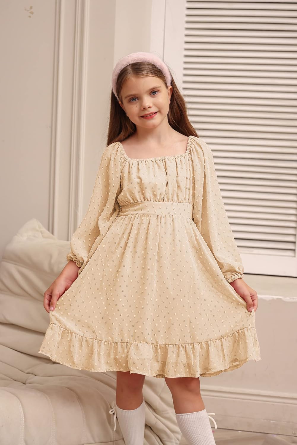 GRACE KARIN Girls Ruffle Tiered Dress Long Sleeve Swiss Dot Flowy A-Line Dress 6-14Y - Image 2