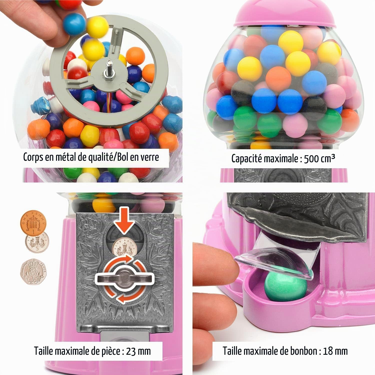 CKB LTD Gumball Distributeur de Chewing-Gum Bonbons gobstoppers en Forme de pièce de Monnaie Style Rétro Tirelire H23cm (Petite Taille 23 x 12,5 x 11,5cm) (Rose)