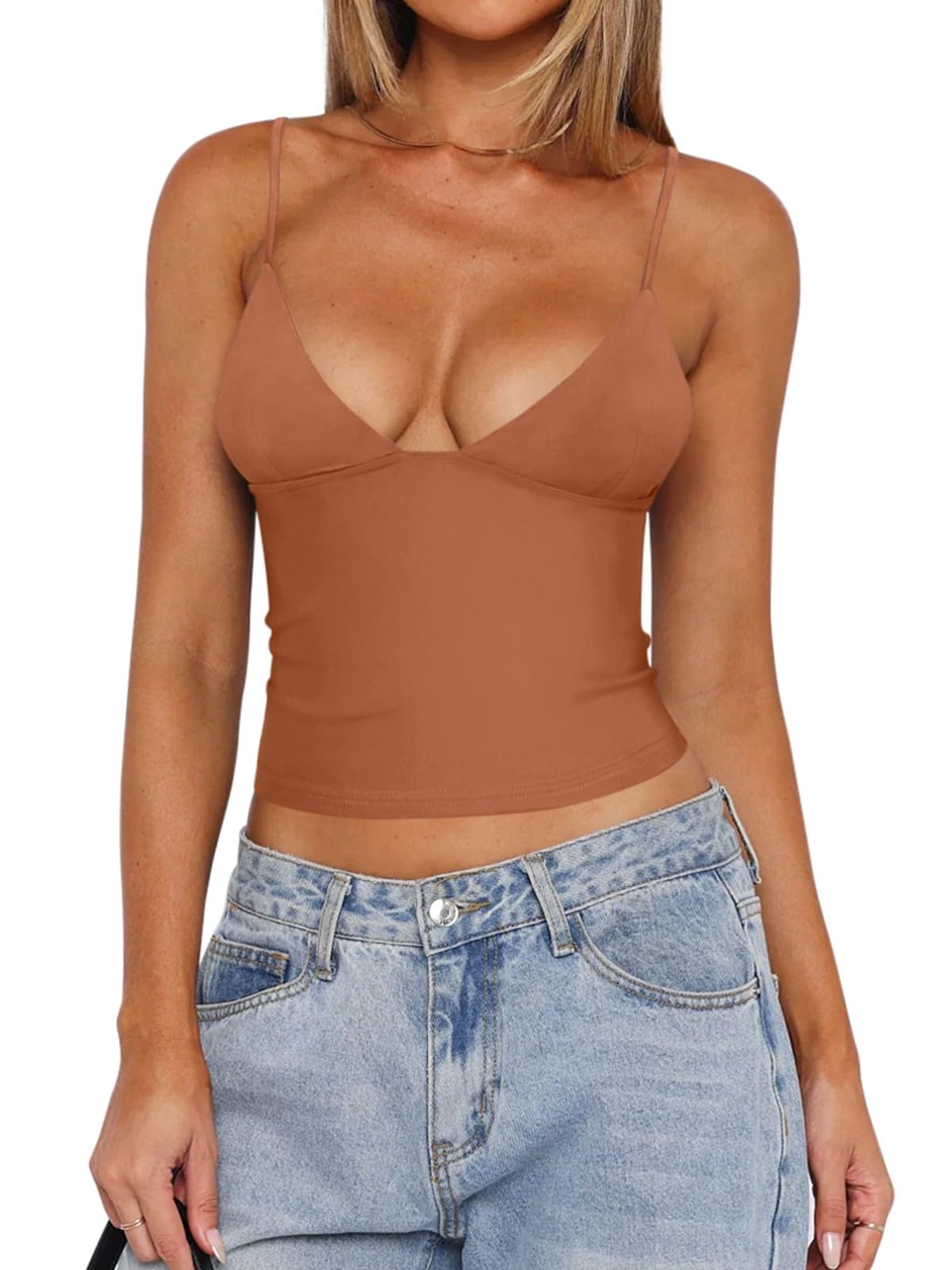 REORIA Butsmooth® Womens Sexy V-Neck Sleeveless Double Lined Going Out Y2K Trendy Cami Shirt Cropped Tank Tops