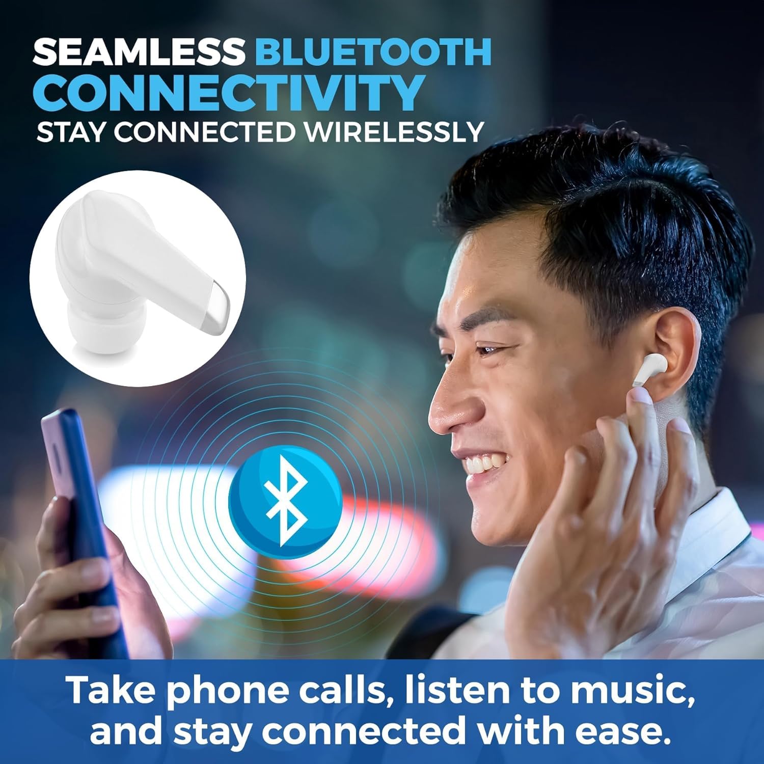 A man smiling while wearing a MEDca V9 earbud and holding a smartphone, with a Bluetooth symbol overlay, illustrating seamless connectivity for calls and music.