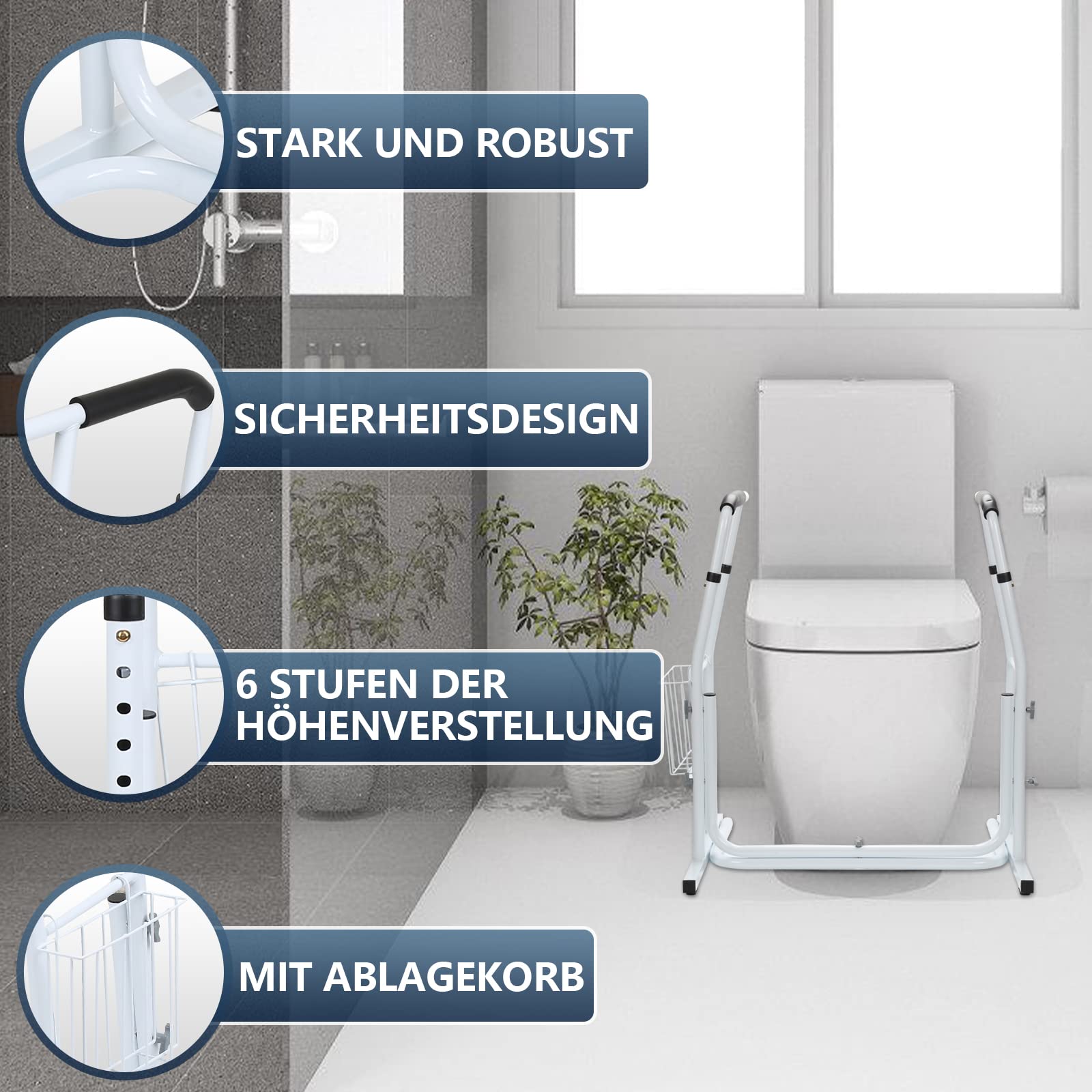 Sonnewelt Supporto mobile per WC con cestino, regolabile in altezza, antiscivolo, supporto per WC per anziani, portata fino a 200 kg