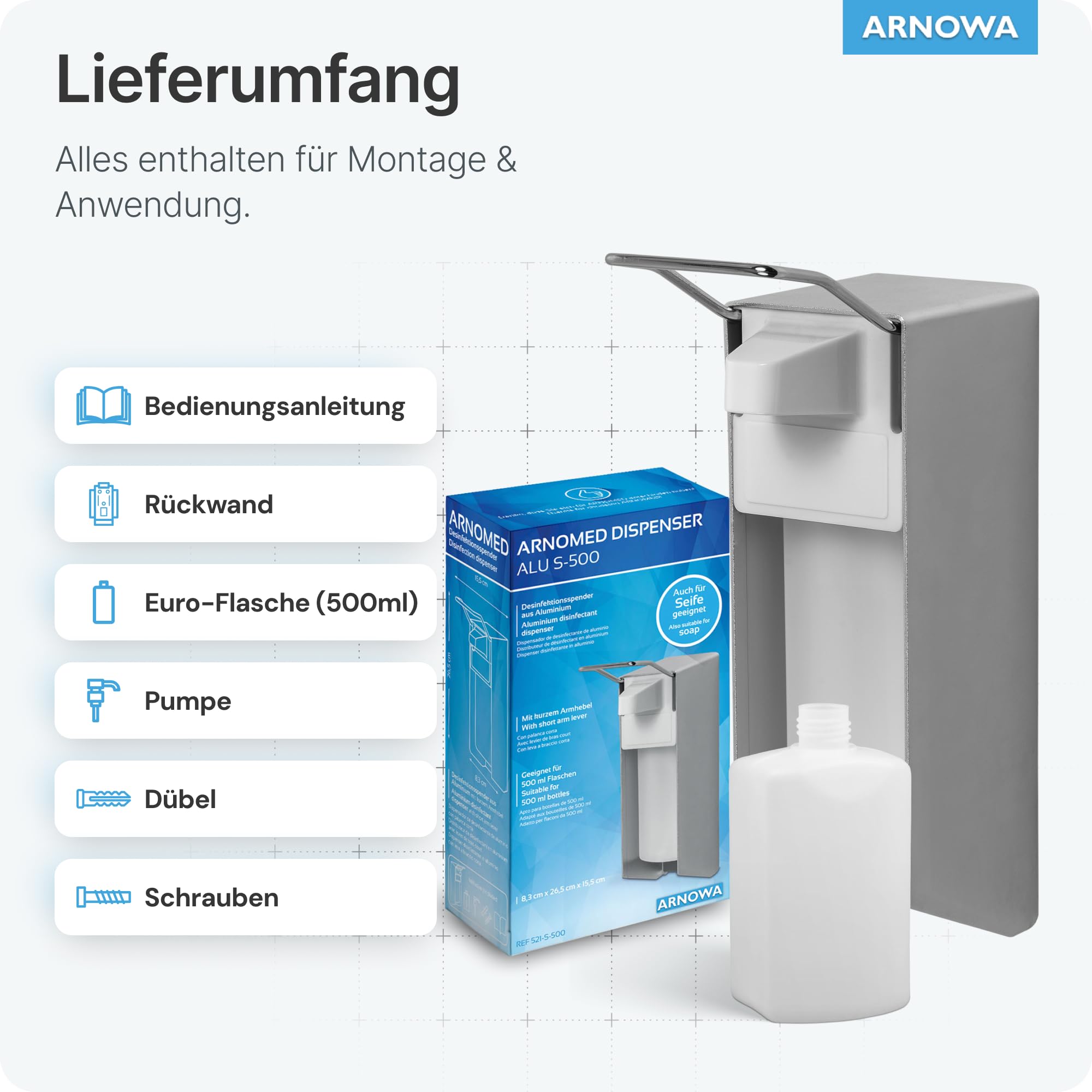 1x ARNOMED Desinfektionsspender Aluminium, Seifenspender für 500ml, kurzer Armhebel, Seifenspender zur Wandbefestigung, Eurospender für Desinfektionsmittel, Soap Dispenser, Desinfektionsmittelspender