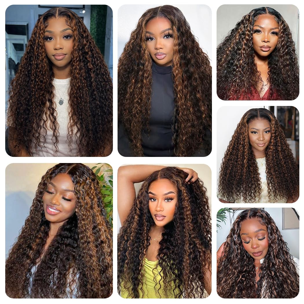 Deep Wave Glueless Wigs Human Hair Pre Plucked Pre Cut 7X5 Highlight Ombre HD Lace Front Wigs Human Hair Remy Curly Human Hair Wigs For Women With Drawstring Cap 18 Inch 1B/30 Balayage Color