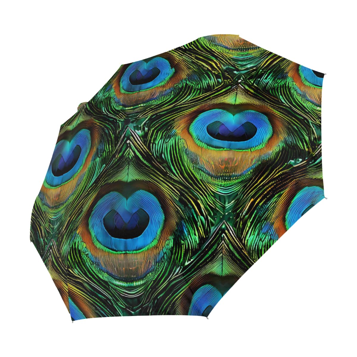 Ombrello pieghevole con motivo astratto con piume di pavone, ombrello da viaggio, compatto, antivento, impermeabile con protezione UV, rivestimento nero, leggero, 8 costole, portatile, per