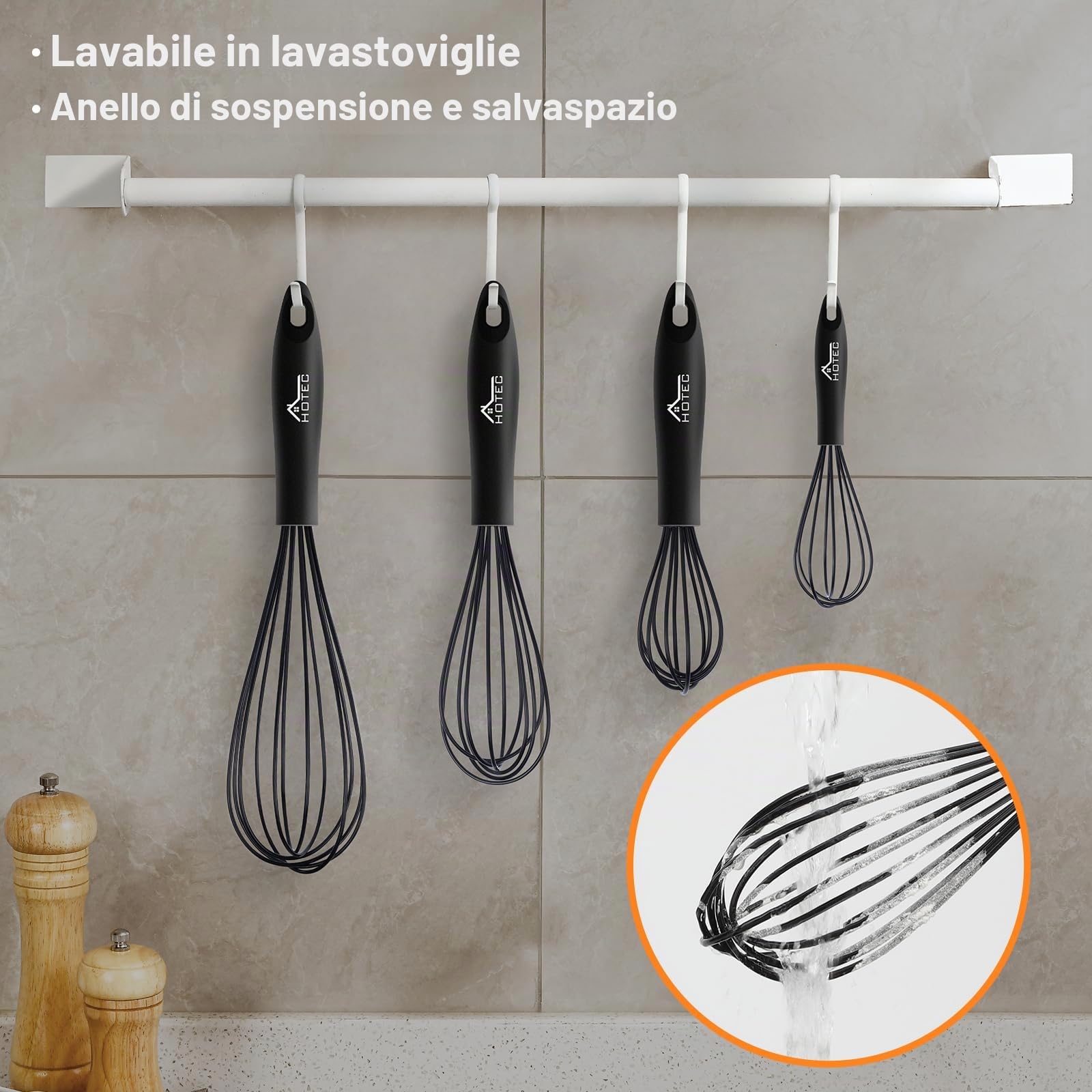 HOTEC Set di 4 fruste in silicone per cucinare fruste a palloncino per cucinare fruste per uova, con manico antiscivolo per pentole antiaderenti, perfette per cucinare, mescolare, sbattere e mescolare