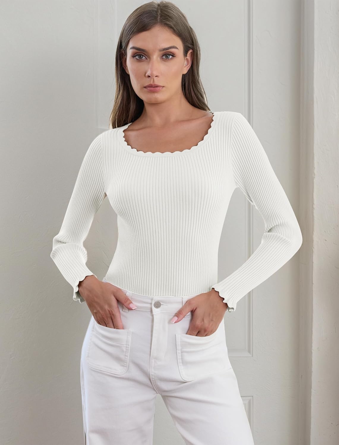 IWD Womens Crew Neck Tops Fall 2025 Long Sleeve Ribbed Knit Shirts Trendy Casual Slim Fitted Pullover Sweater - Image 2