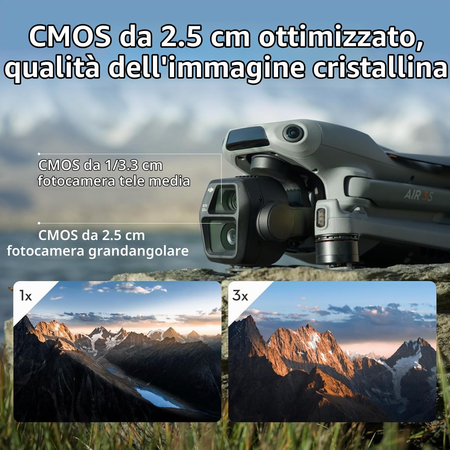 DJI Air 3S Combo Fly More (RC 2 con schermo), drone con fotocamera grandangolare CMOS 1" e teleobiettivo medio per adulti, 4K/60fps, rilevamento omnidirezionale e 3 batterie per volare più a lungo