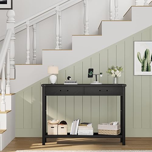 Miniatura 6 de Amyove Mesa consola negra con 2 cajones mesa de sofá de 2 niveles con estante de almacenamiento mesa de entrada de madera para sala de estar Kichen