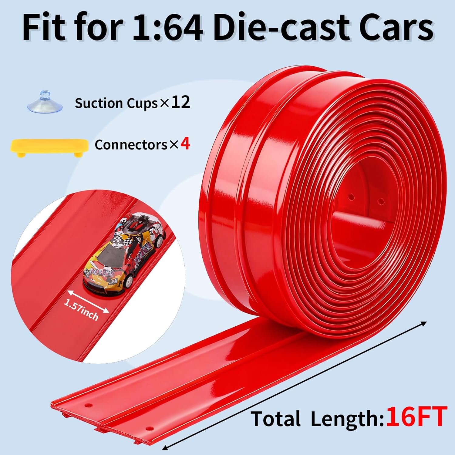 16 ft flexible car race track, flex ramp with 12 suction cups, compatible with hot wheels and diecast 1/64th cars, double tracks long rolls up portable racetrack (red)