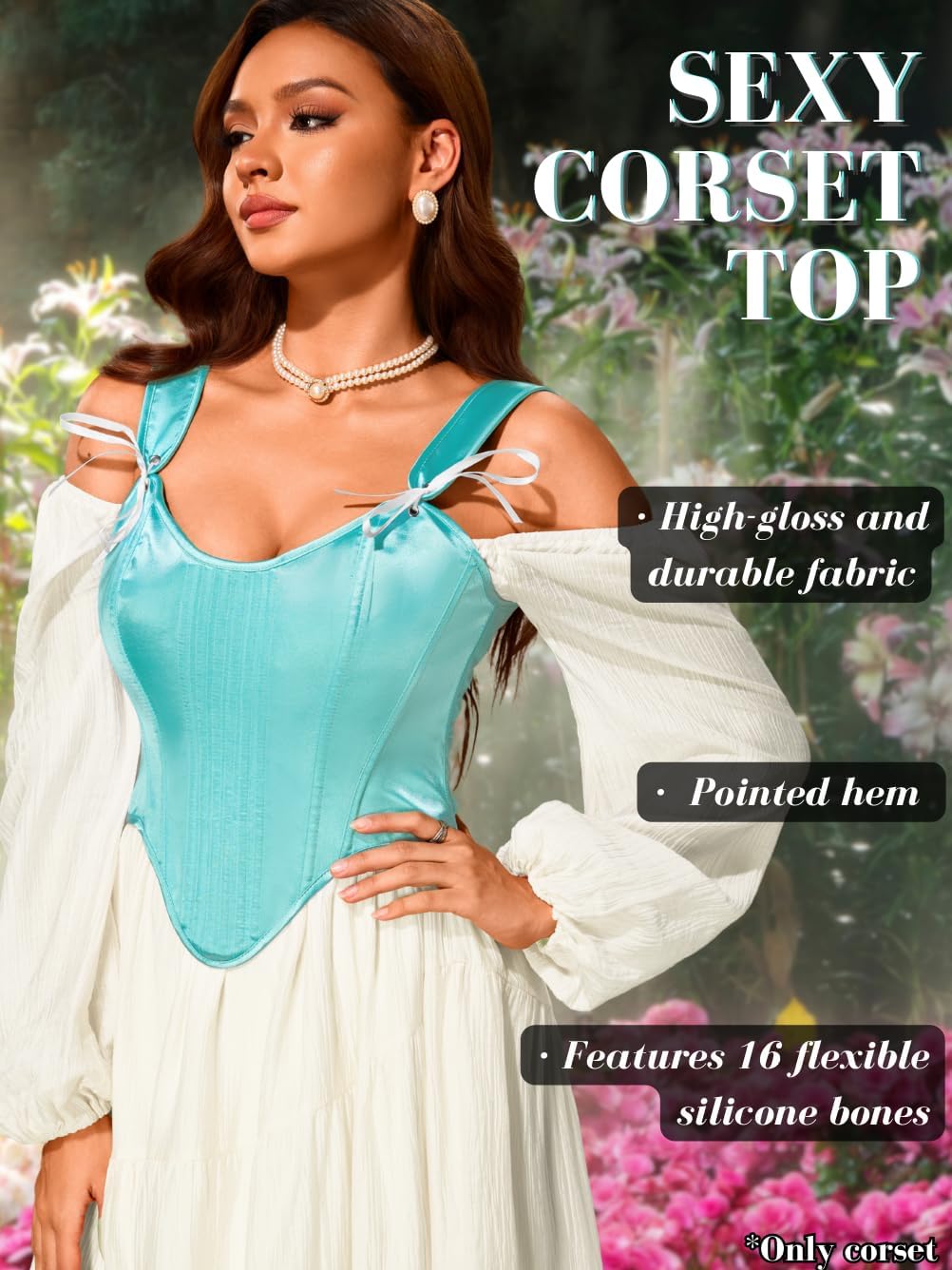 Kaei&Shi Bow Satin Corset Top,16 Boned Bustier Tops,Lace Up Overbust Corsets For Women Size 00-16