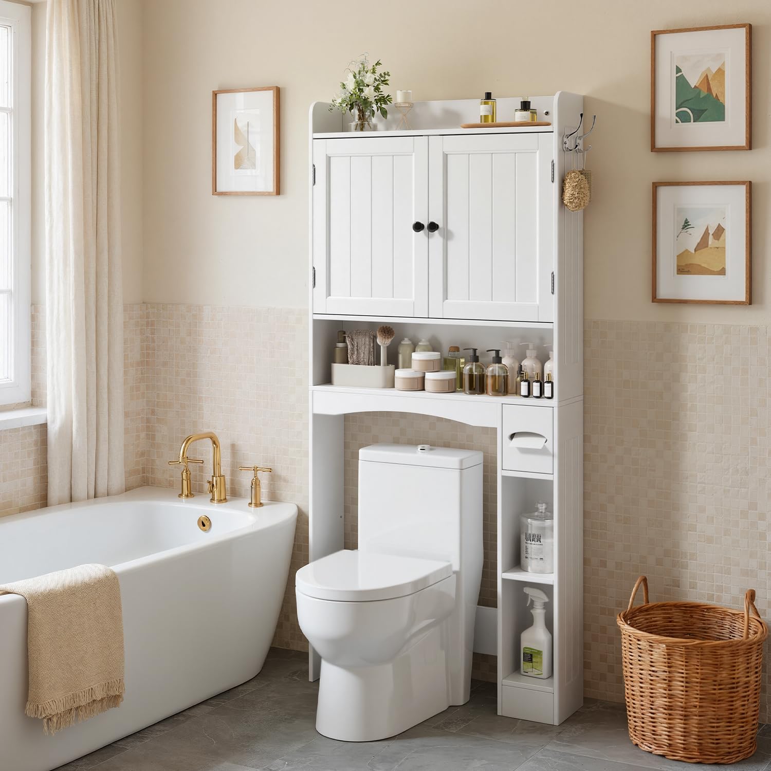 Xbro Armario sobre Inodoro, Mueble sobre Inodoro con Doble Puerta, Portarrollos de Papel Higiénico y Estante Ajustable, 82 x 20 x 179 cm, Blanco