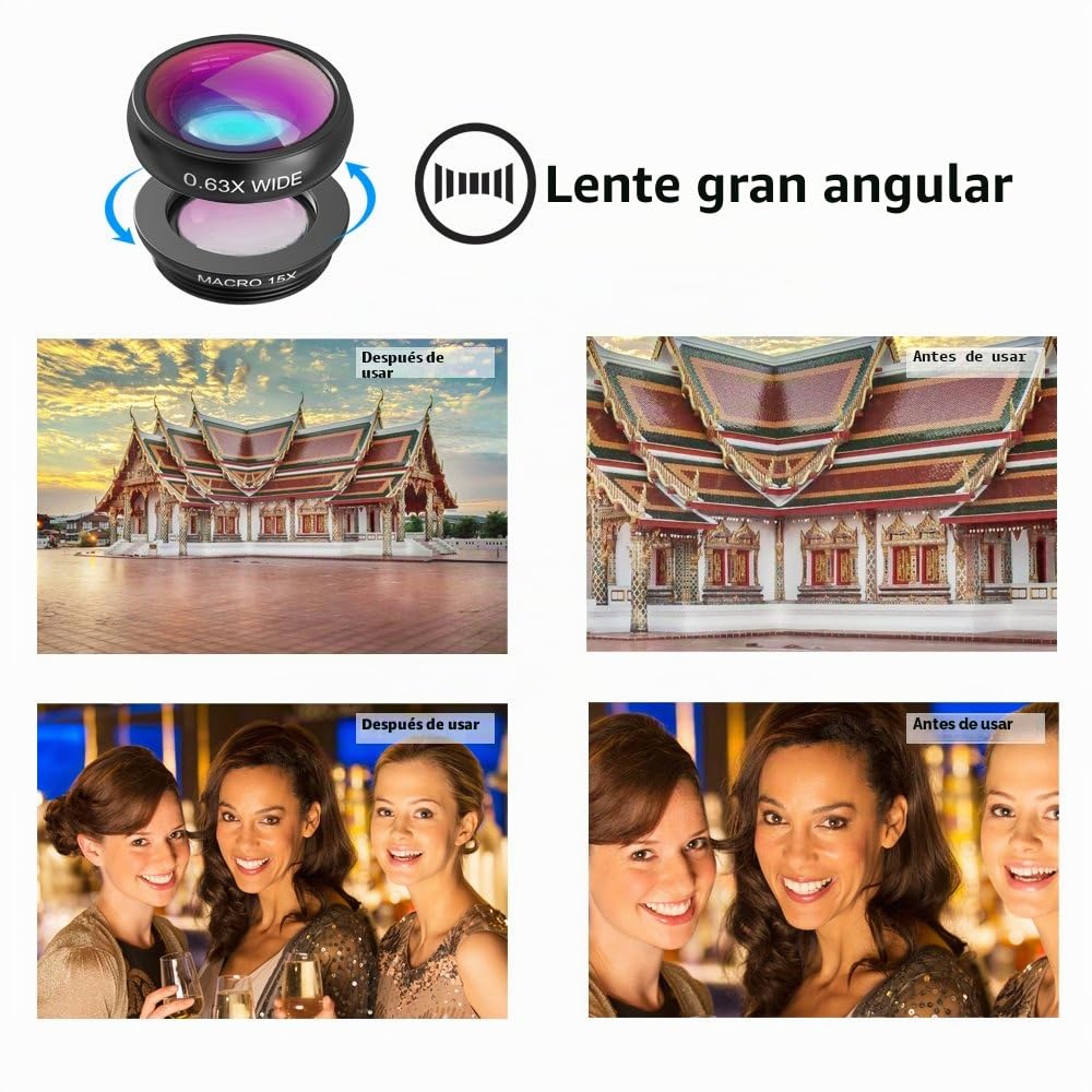 Apexel 18x Kit de Lentes telefoto (Lente Ancha 0.63x y Lente Macro 15x, Ojo de pez a 198 °, trípode Flexible para iPhone y Samsung) Black