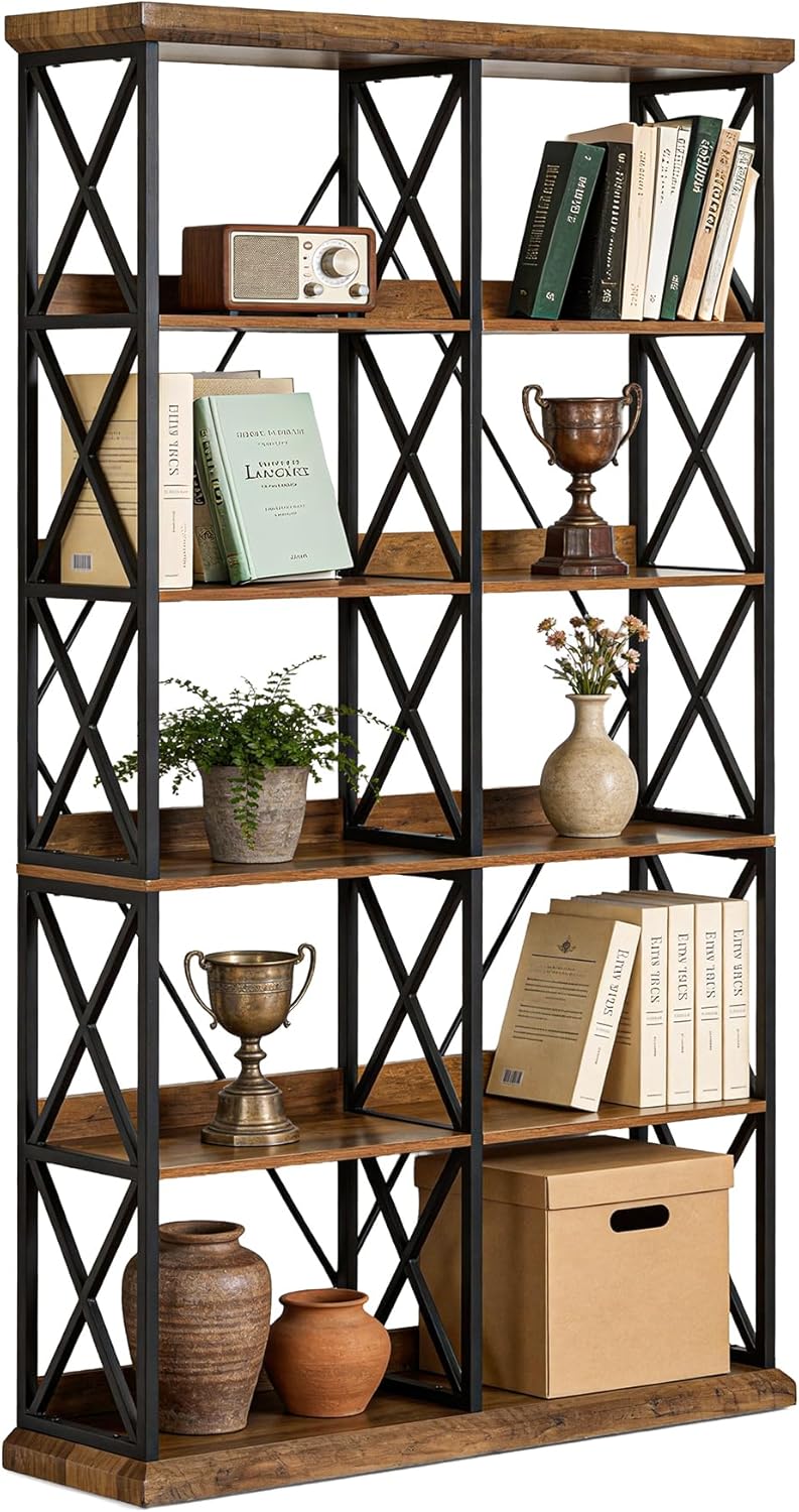 LITTLE TREE Industrial Bookshelf, 6-Tier 47" Wide Bookcase, 75" Tall Standing Shelf Units with 12 Wooden Shelves, Large Open Metal Display Organizer for Office, Living Room, Bedroom, Rustic Brown - Image 8