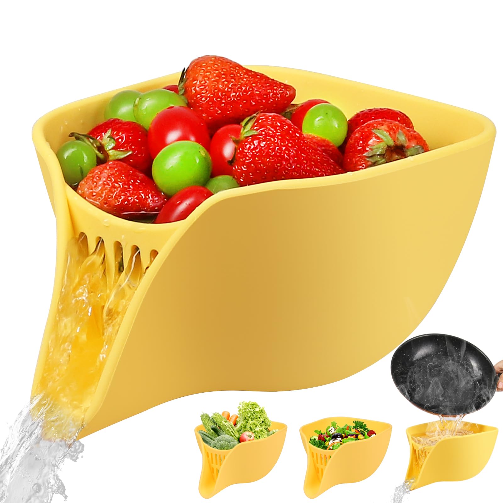 Advantez Multifunctional Drain Basket, 2.4 QT Small Colander Silicone Pasta Berry Drainer Bowl for 1.5-3 QT, Kitchen Sink Colanders & Food Strainers with Spout for Washing Fruits, Vegetables (Yellow)