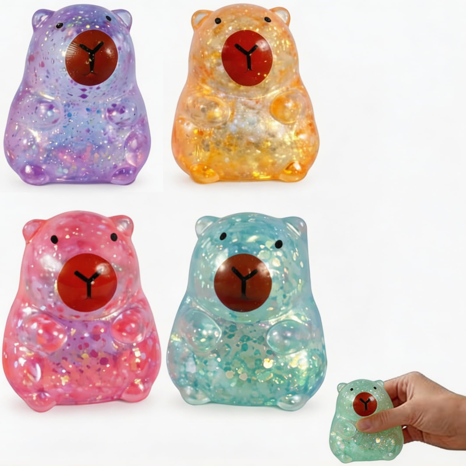 4 Pcs Capybara Squishy, Squishy Capybara, Glitter Squishy Animals, Colorful Capybara Fidget Toys in Pink, Green, Purple and Yellow, Portable Rebound Animal Squishys for Desk Decor and Daily Relaxation