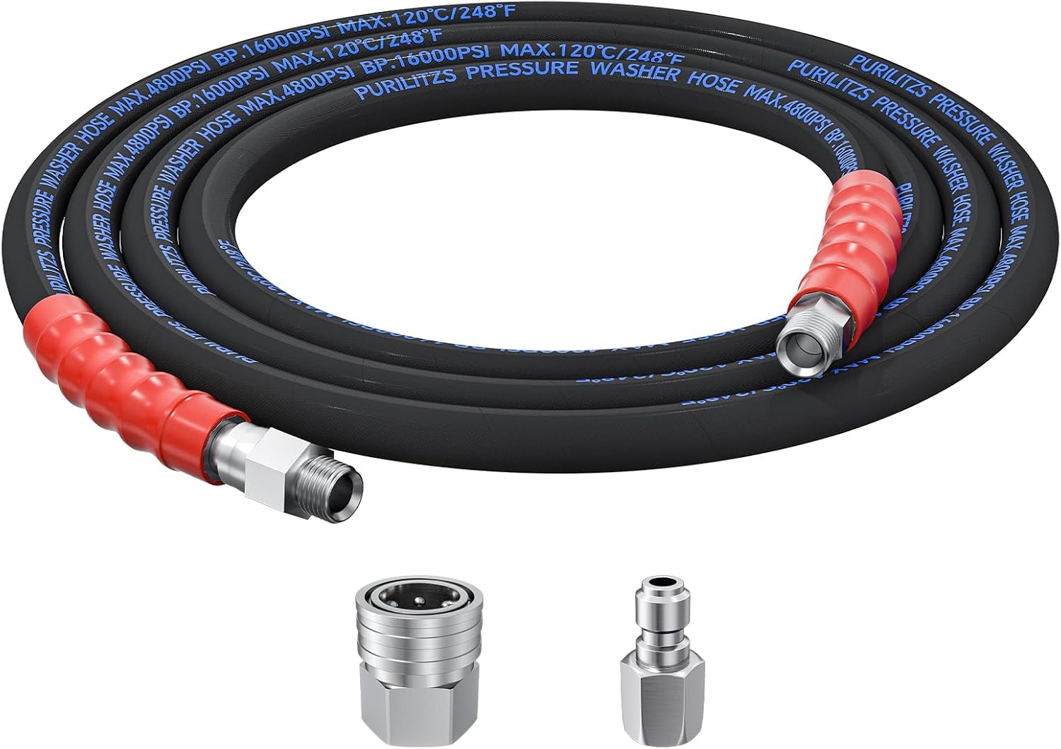 10FT Pressure Washer Whip Hose 3/8'', 4800PSI Jumper Hose Reel Connector Steel Wire Braided with 3/8'' Quick Connect Adapter Set for Power Washing