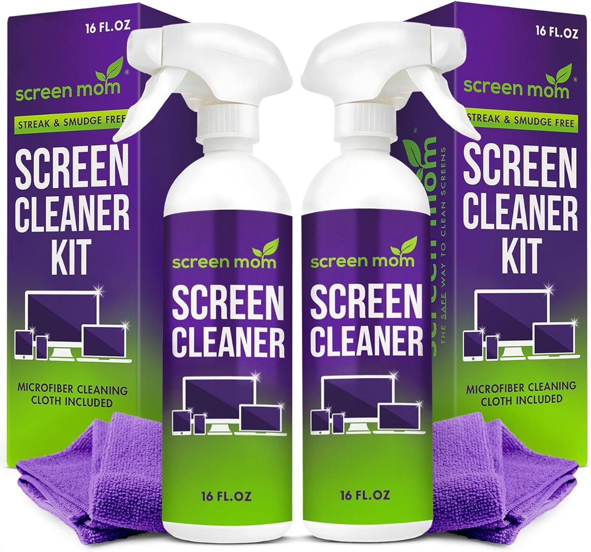 Screen Mom Screen Cleaner Spray and Microfiber Cloth 2-Pack (2x16oz) Screen Cleaner Spray and Wipe for TV, Computer, Phone, iPad, Car Screen Cleaning Kit Electronic Cleaner Spray