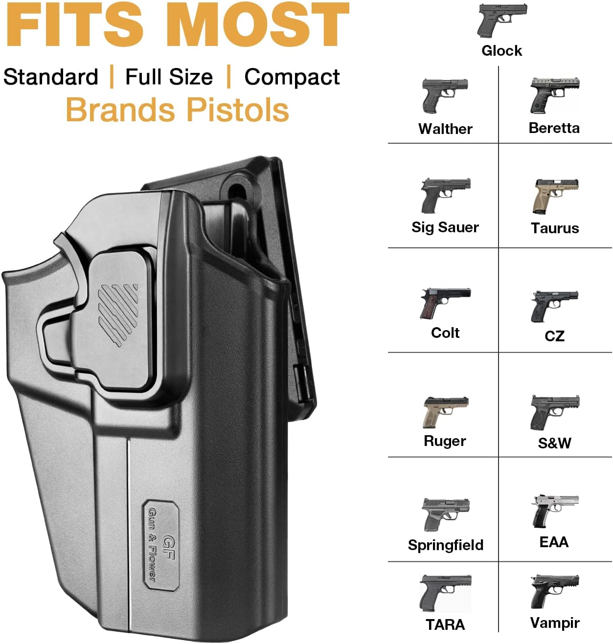 Universal Belt Clip OWB Holster for 100+ Pistols – Sig, Taurus, Springfield, FN, Walther, Sarsilmaz, Girsan, Bersa, Canik, 1911, Adjustable Retention, Right Handed
