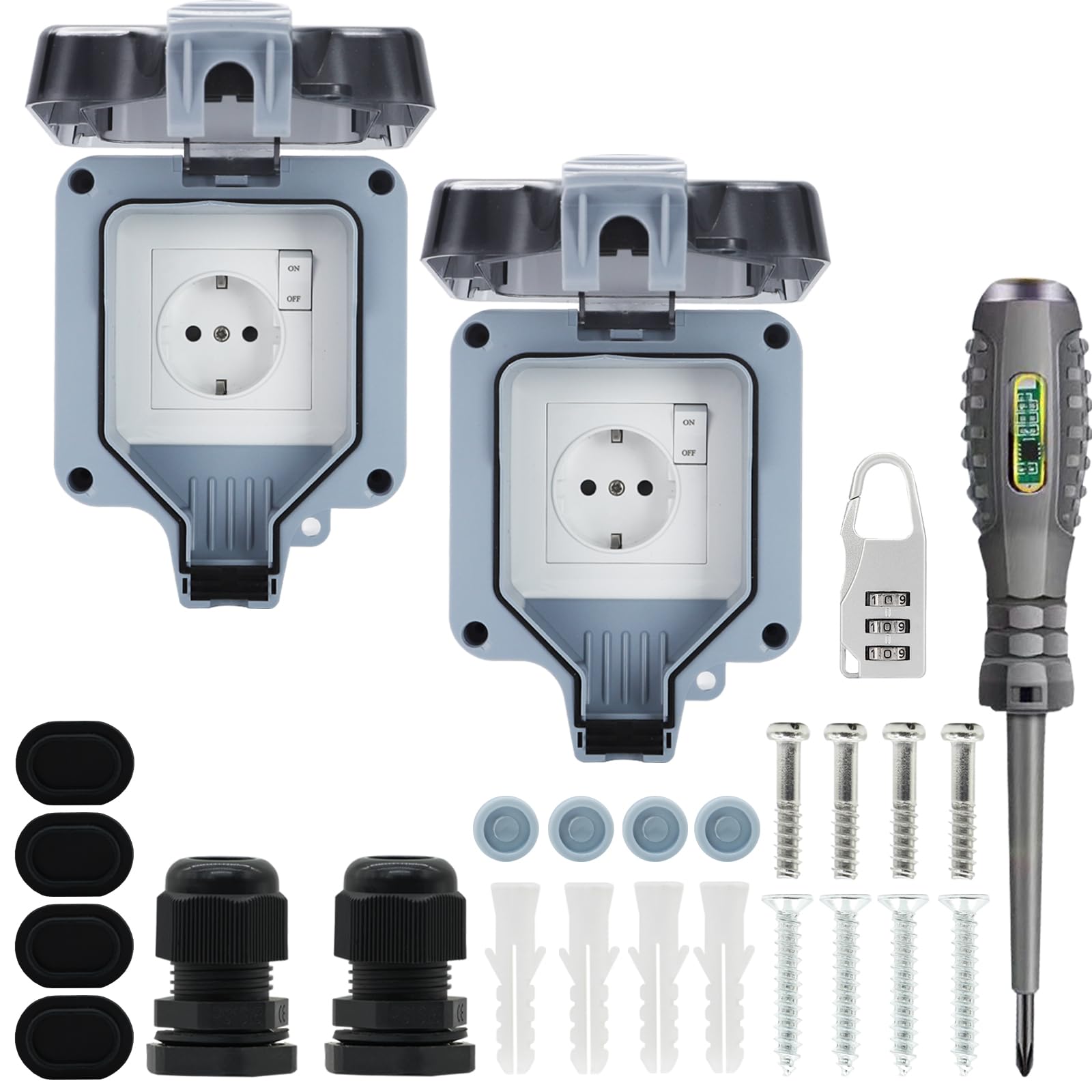 2 STÜCK Außensteckdose Wasserdicht Steckdose IP66 1fach mit Schalter,Wandsteckdose Feuchtraum Aufputz Schutzkontakt Gartensteckdose Staubdicht Wetterfest Outdoor Steckdose mit Klappdeckel