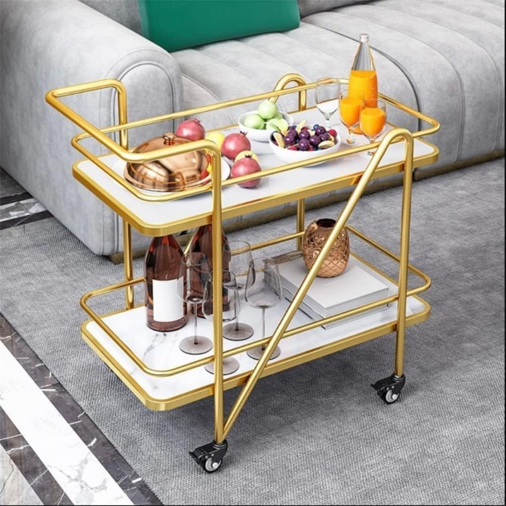 Two Tier Solid Metal Bar Cart Trolley Serving Trolley Coffee Table Bar Trolley Serving with Wheel Home for Food Serving Table for Living Room & Bed Room (Golden White)