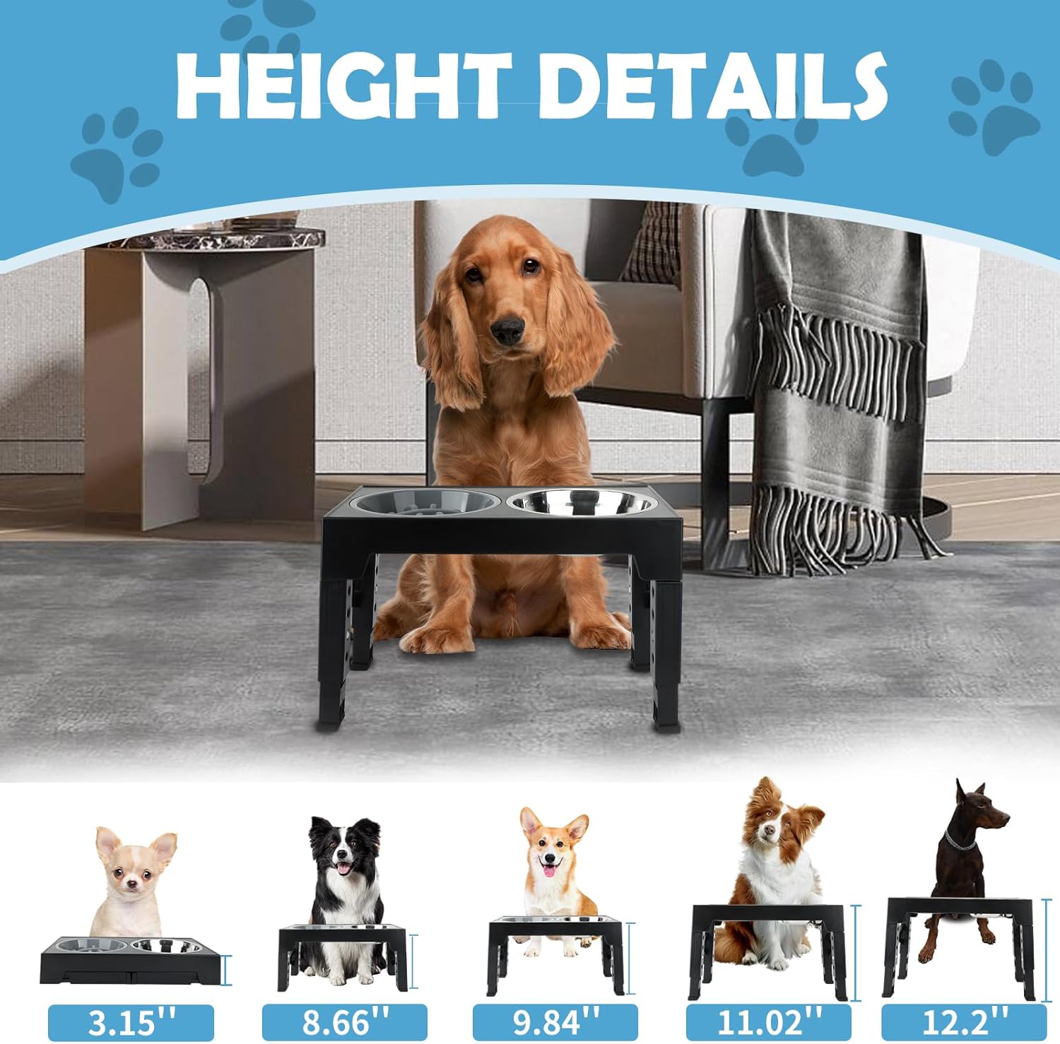 Elevated Dog Bowls, 2 Stainless Steel and 1 Slow Feeder Bowl, Adjustable Up-to 5-Heights 3.15", 8.66", 9.84",11.02", 12.2" Dog Feeding Station, for Small Medium and Large Dogs