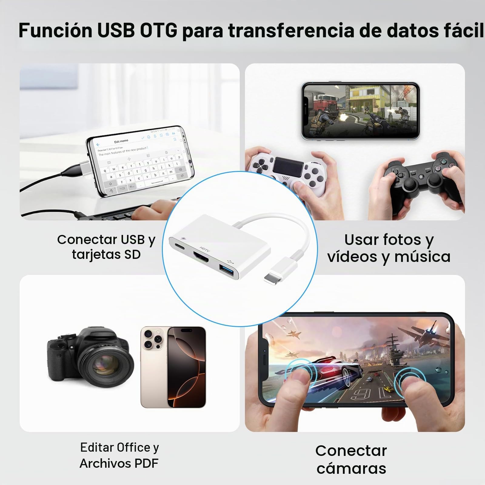 [Certificado Apple MFI] Light-Ning Digital AV Adaptador 3 en 1, 1080P HDMI, USB OTG y Puerto de Carga, Compatible con iPhone y iPad, para duplicar Fotos, vídeos y música