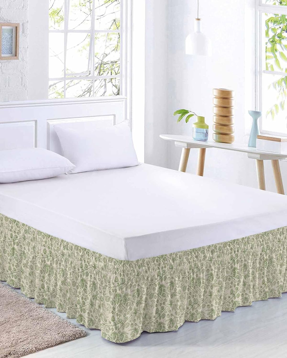Sage Green Floral Bed Skirt Queen Size 16 Inch Drop, Elastic Bedskirt Dust Ruffle for Queen Bed, Modern Vintage Flowers Pastoral Botanical Wrap Around Bed Skirts Pleated Bed Frame Cover