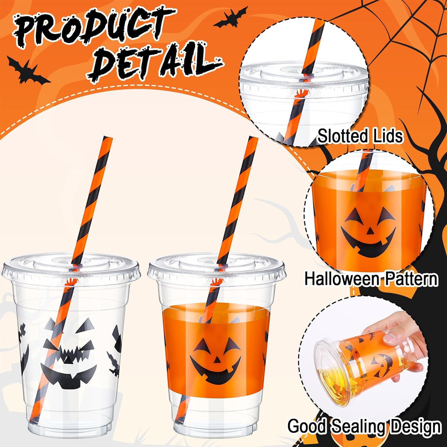 Yaomiao 300 Pcs 12 oz Halloween Plastic Cups with Lids and Straw Halloween Plastic Cup Disposable Clear Tumbler Whiskey Tumbler Black White Emoticons Witch Drinking Set for Party Supply - Image 6