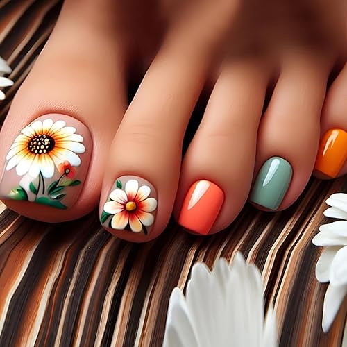 Flower Press on Toenails Short Square Fake Toe Nails with
