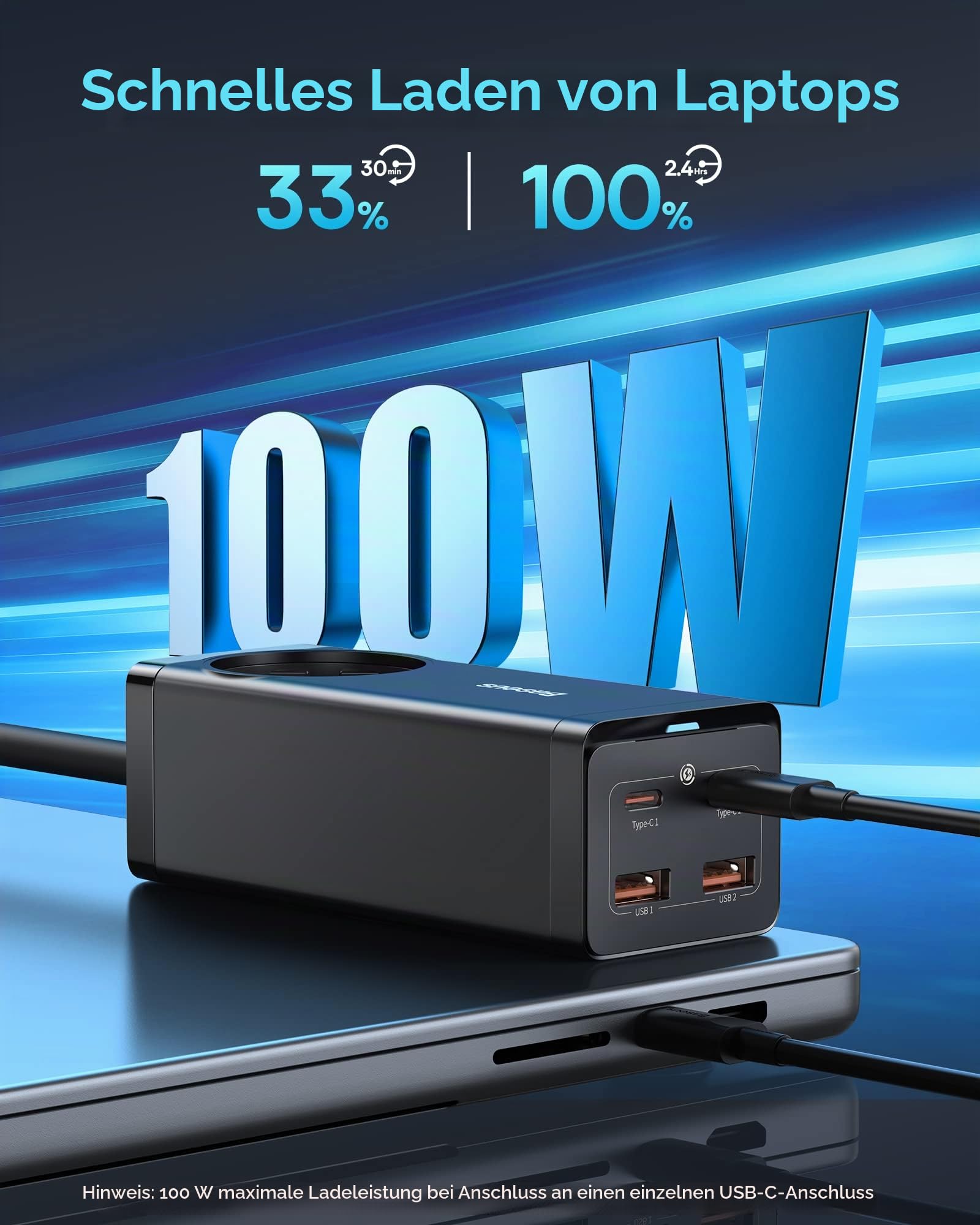 Baseus Ladegerät 100W, GaN3 PowerCombo On, USB C Netzteil PD Mehrfach Ladegerät mit 1 AC + 4 Port, GaN Charger für MacBook Pro/Air, iPad Pro, iPhone 14 Pro/13/12, Galaxy S23, Steam Deck