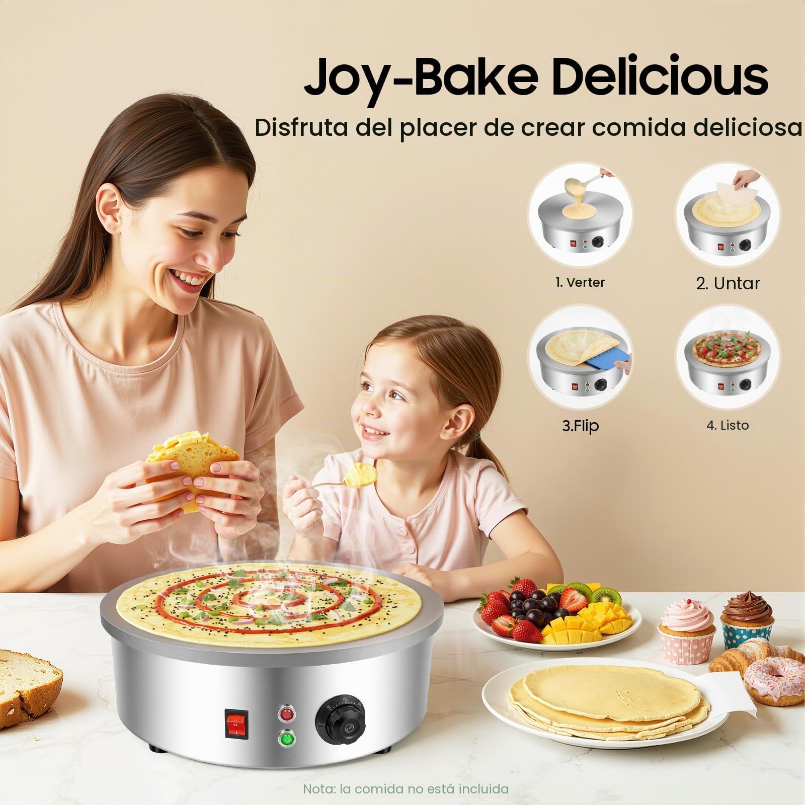 Crepa Eléctrica 45cm Eléctrico Acero Inoxidable 2800W Revestimiento Antiadherente 150-280℃