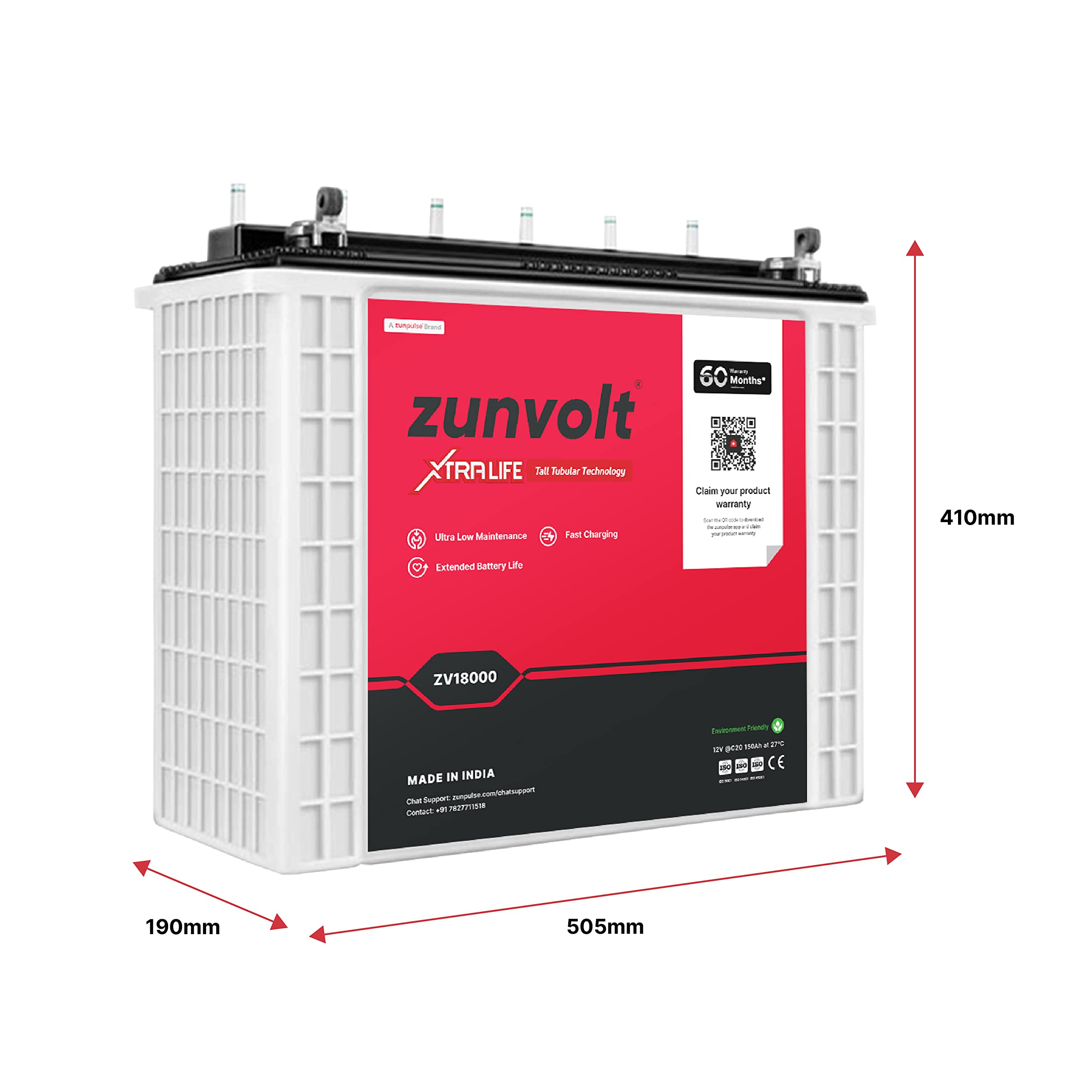 ZunVolt Xtralife ZV18000 TT 150Ah Tall Tubular Plate Inverter
