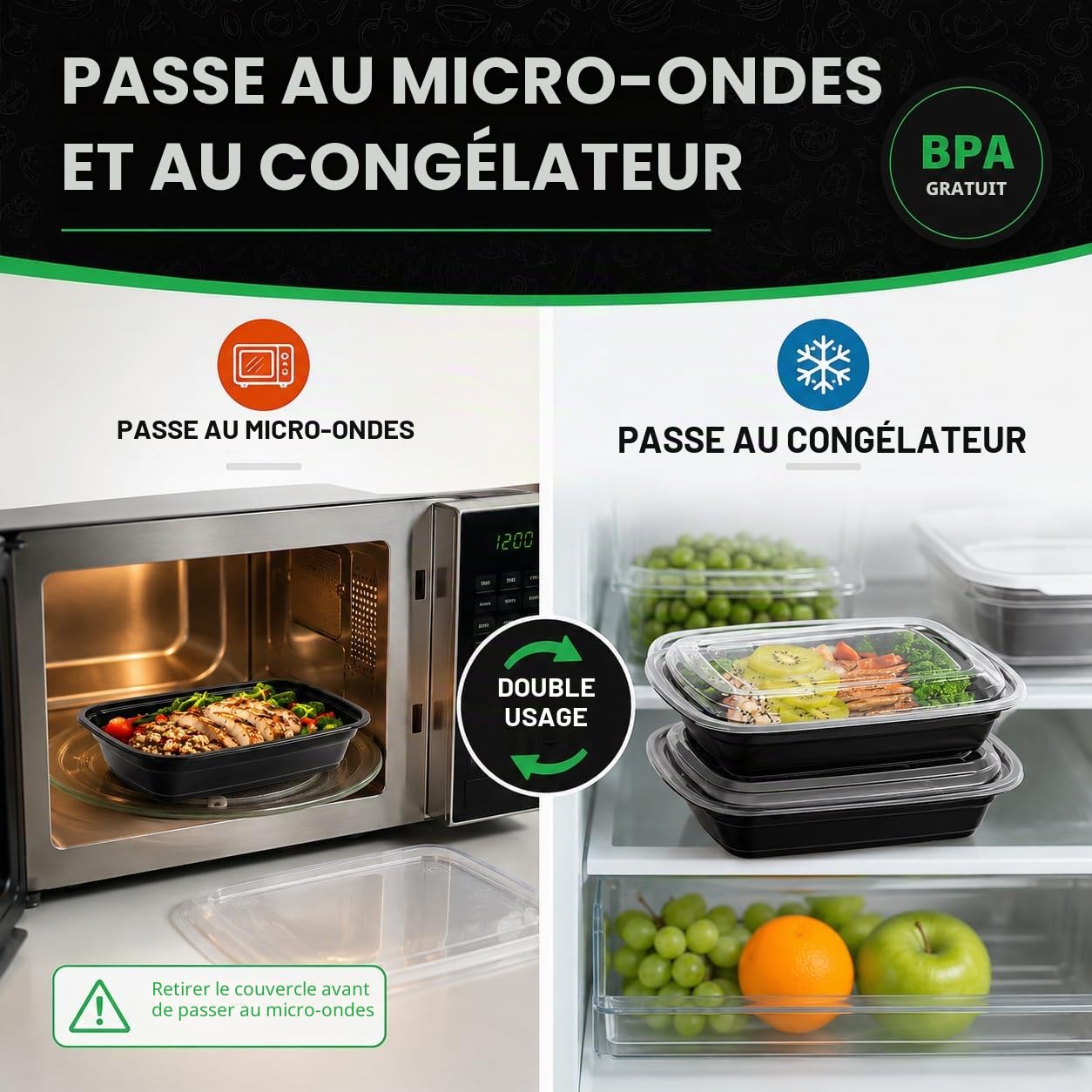 WUHUIXOZ Lot de 50 boîtes à repas de 946 ml avec couvercles, boîtes à bento jetables en plastique réutilisables, sans BPA, passent au micro-ondes, au lave-vaisselle et au congélateur