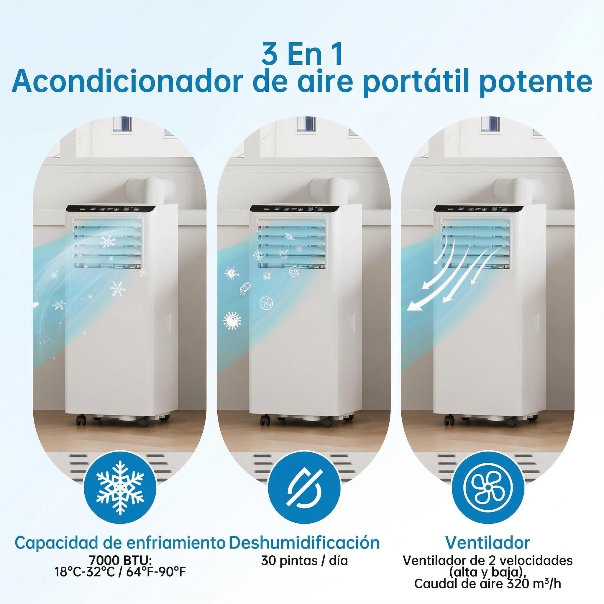 Aire acondicionado portátil 7000 BTU 2,0 kW(con mando a distancia), bajo consumo energético, pantalla LED, 4 modos, 2 velocidades de ventilador, 20 m², temporizador de 24 horas