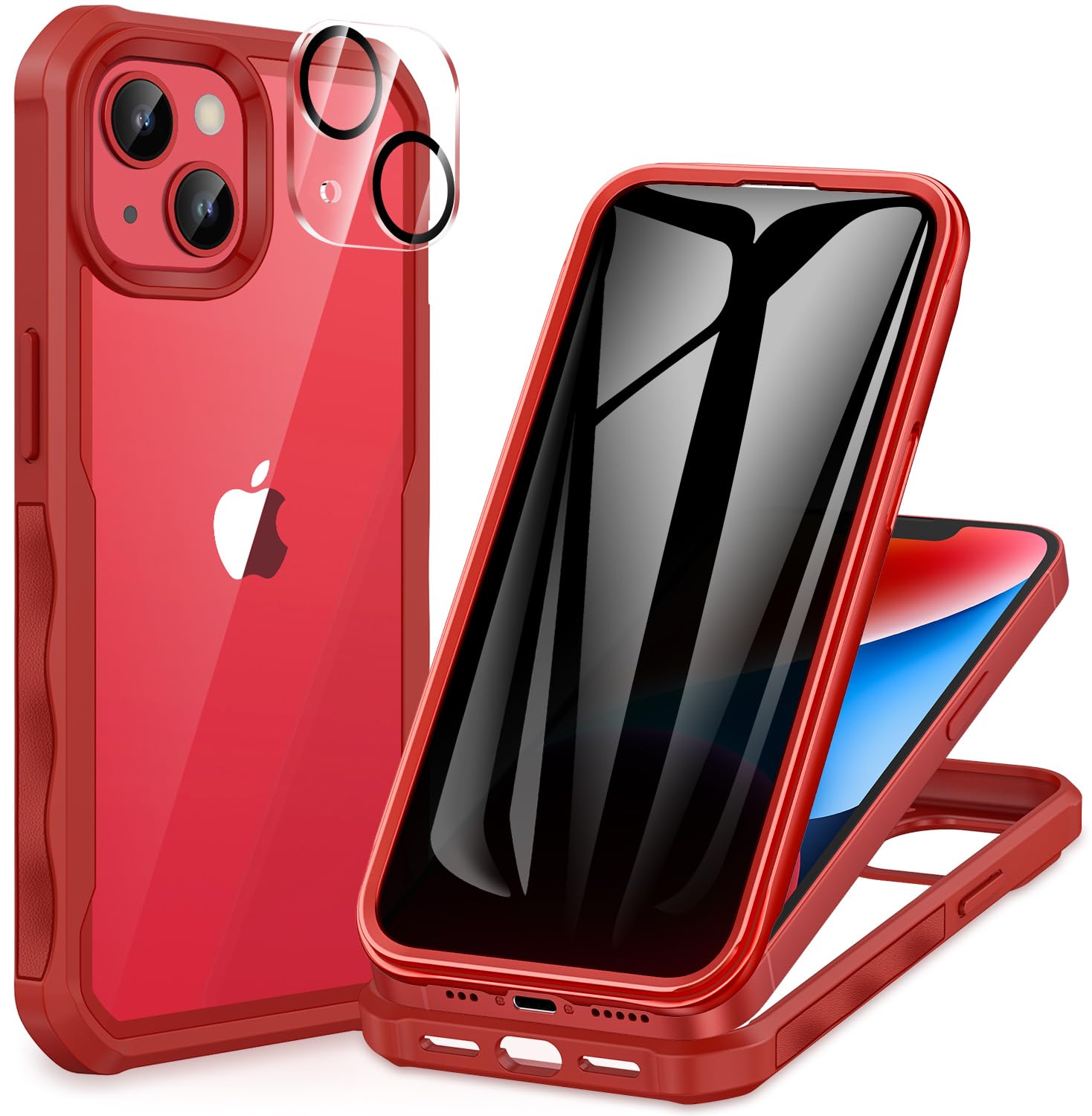 CENHUFO Privacy for iPhone 14 Plus Case, Full Body Phone Case with Built-in 9H Tempered Glass Privacy Screen Protector and Camera Lens Protector, Anti Peep Spy Shockproof Bumper Clear Cover - Red